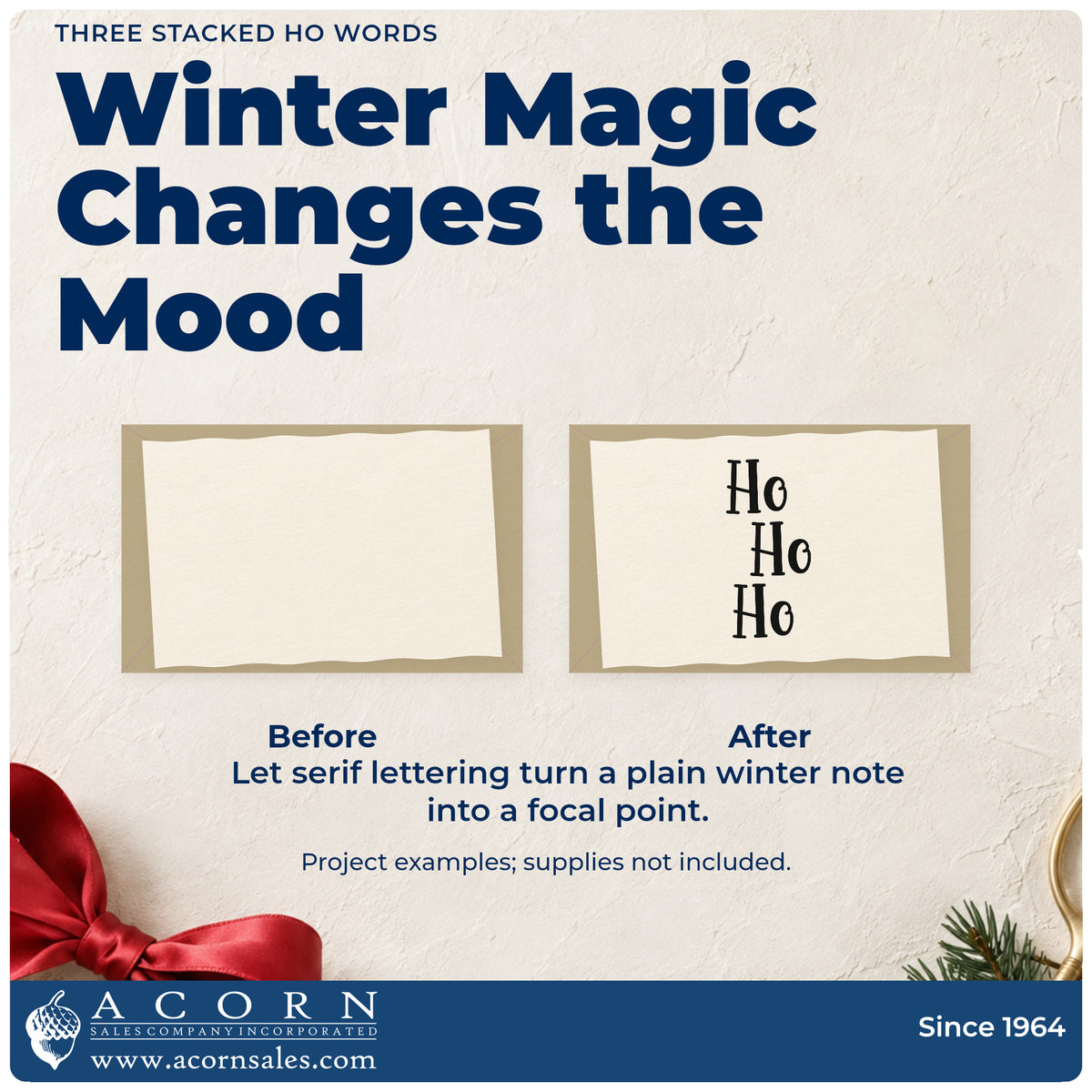 Before and after of a plain item finished with the Slim Pre-Inked Three Stacked Ho Words Stamp, a quick upgrade for framed stagger print.