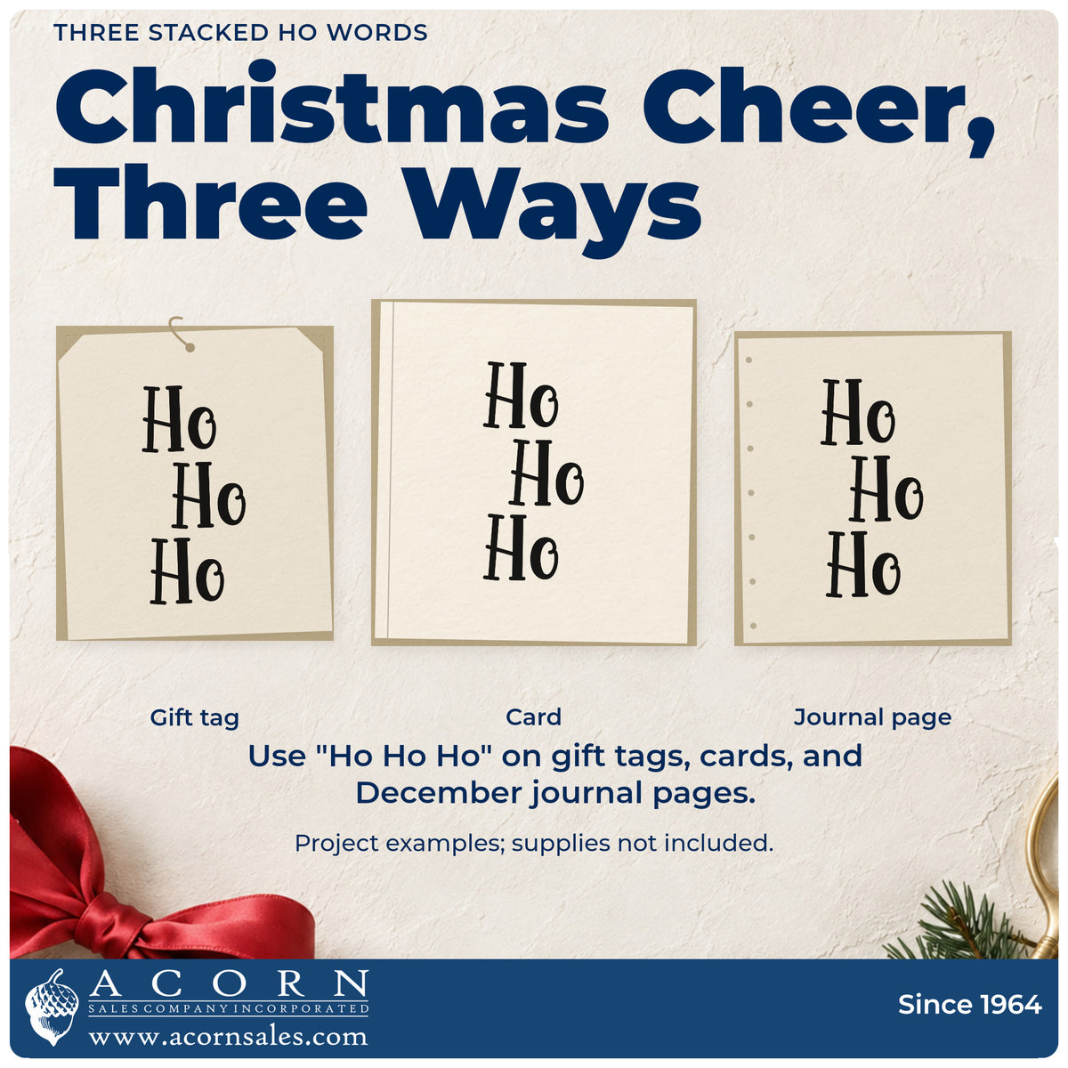 Three project examples made with the Slim Pre-Inked Three Stacked Ho Words Stamp, including header block planner.