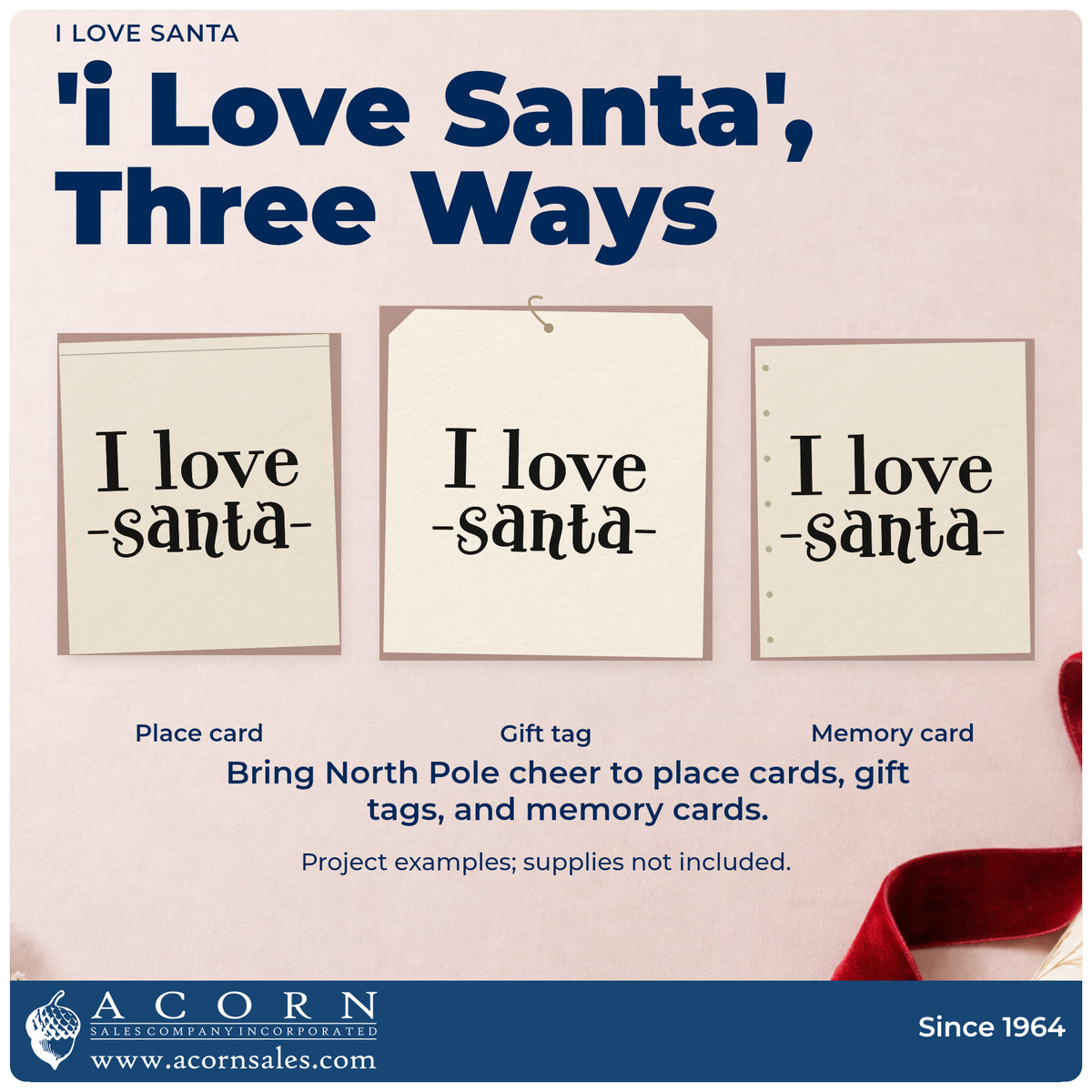 Three project examples made with the I Love Santa Serif Lettering Pre-Inked Stamp – Slim, including catalog list sheet.