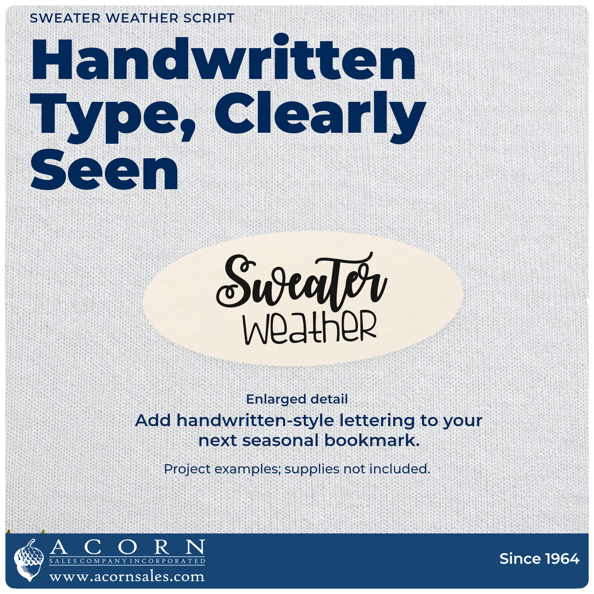 Enlarged detail of the Sweater Weather Script Slim Pre-Inked Stamp imprint. Brush-script “Sweater” sits above thin handwritten “Weather.”