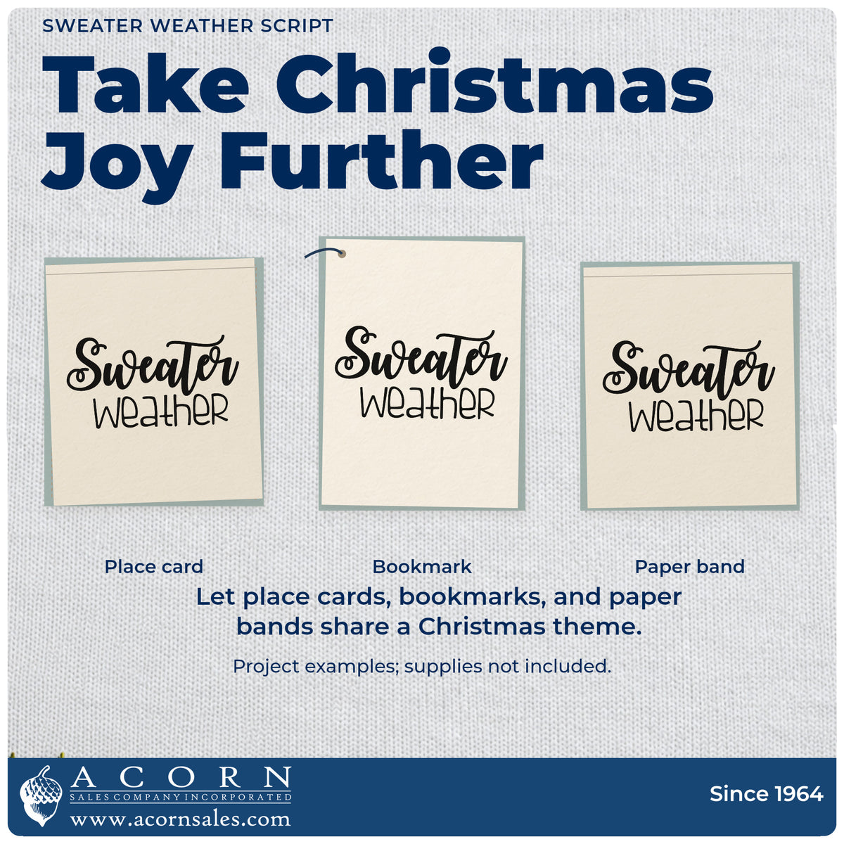 Three project examples made with the Sweater Weather Script Slim Pre-Inked Stamp, including pattern notes sheet.