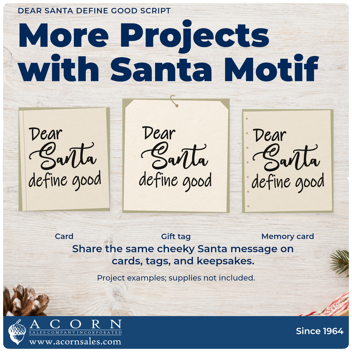 Three project examples made with the Wood Handle Dear Santa Define Good Letter Art Rubber Stamp, including review prep sheet.