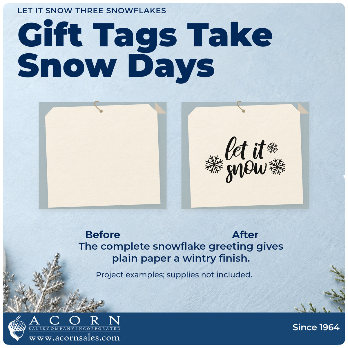 Before and after of a plain item finished with the Let It Snow Three Snowflakes Self-Inking Stamp, a quick upgrade for framed sewing room.