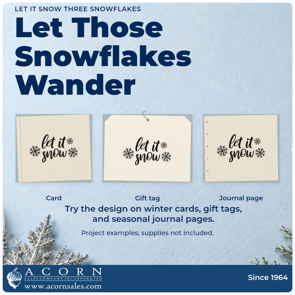 Three project examples made with the Let It Snow Three Snowflakes Rubber Stamp – Duo Hand, including block count sheet.