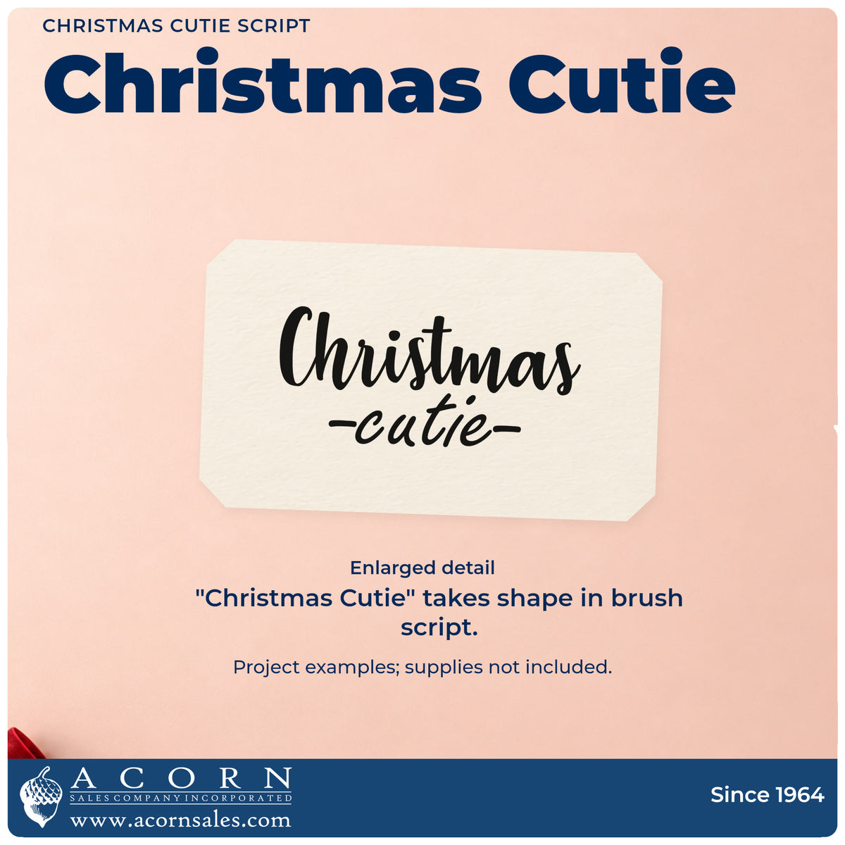 Enlarged detail of the Christmas Cutie Premium Wooden Stamp – Vintage Pro imprint. “Christmas Cutie” appears in brush script with short dashes around the lower word.