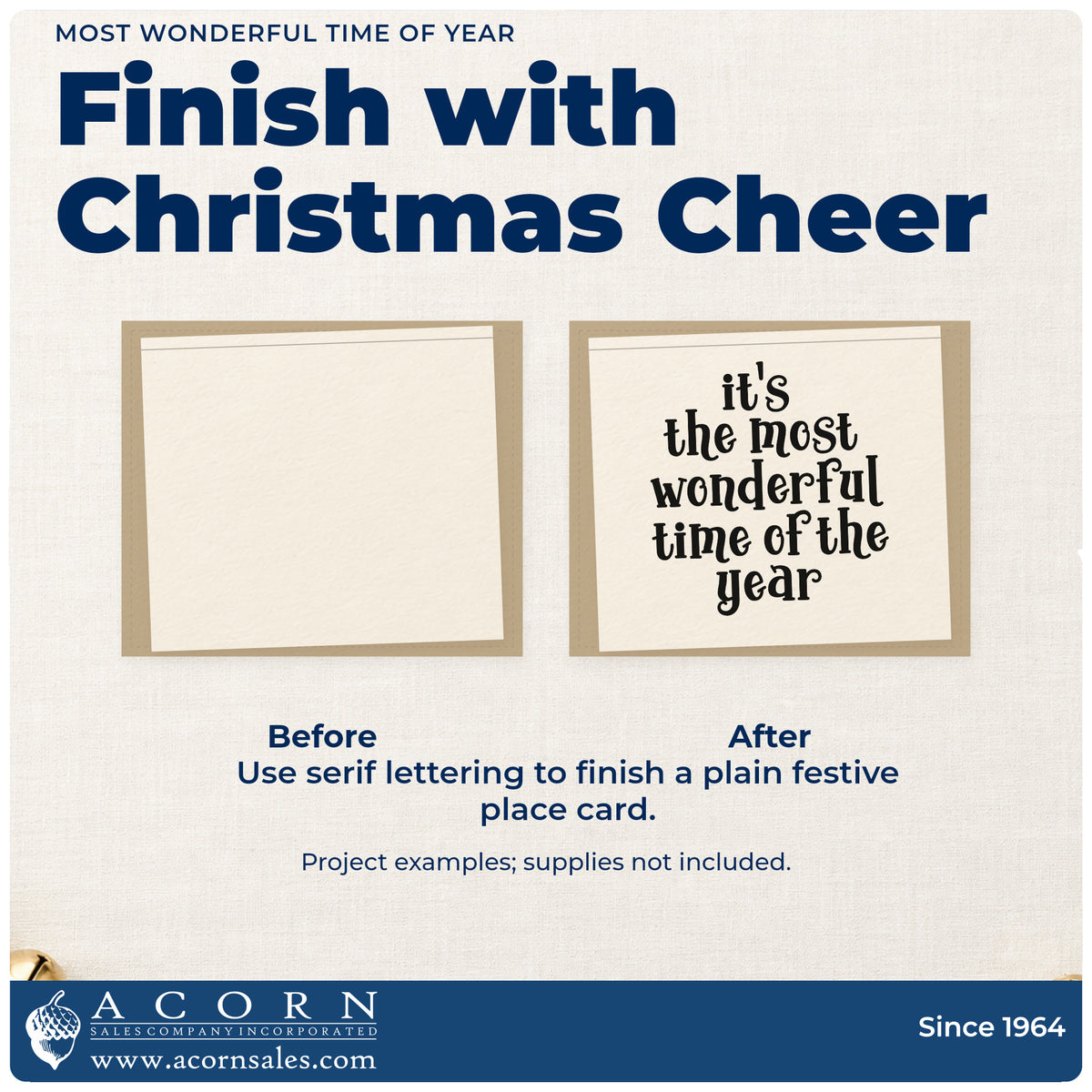 Before and after of a plain item finished with the It's The Most Wonderful Time Of The Year Wood Handle Stamp, a quick upgrade for framed guest bedroom.