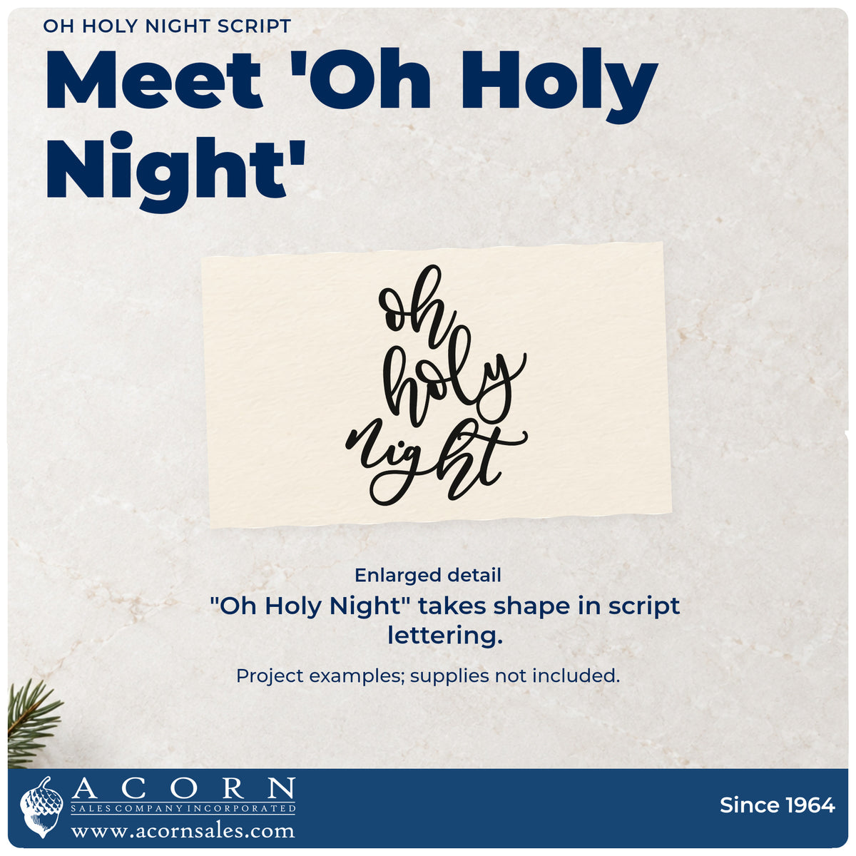 Enlarged detail of the Oh Holy Night Letter Art Stamp – Premium Vintage Pro Wooden imprint. Three rows of loosely slanted script read “Oh Holy Night.”