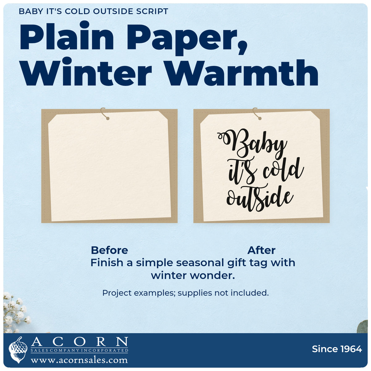 Before and after of a plain item finished with the Self-Inking Baby It's Cold Outside Script Stamp, a quick upgrade for framed fireplace wall.