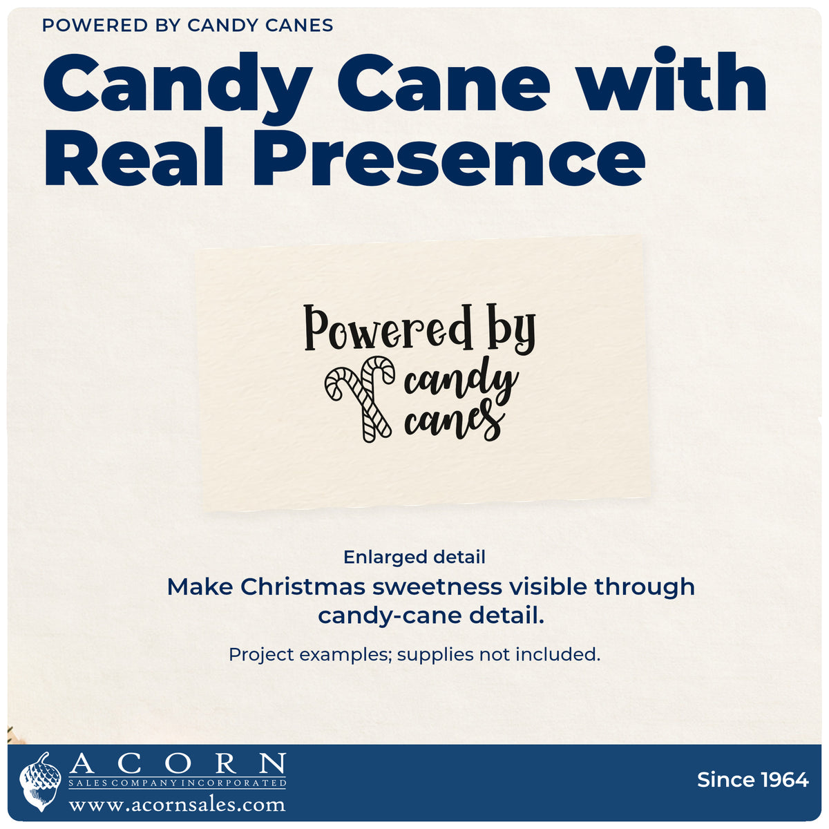 Enlarged detail of the Wood Handle Powered By Candy Canes Rubber Stamp imprint. “Powered by Candy Canes” features two crossed striped candy canes.