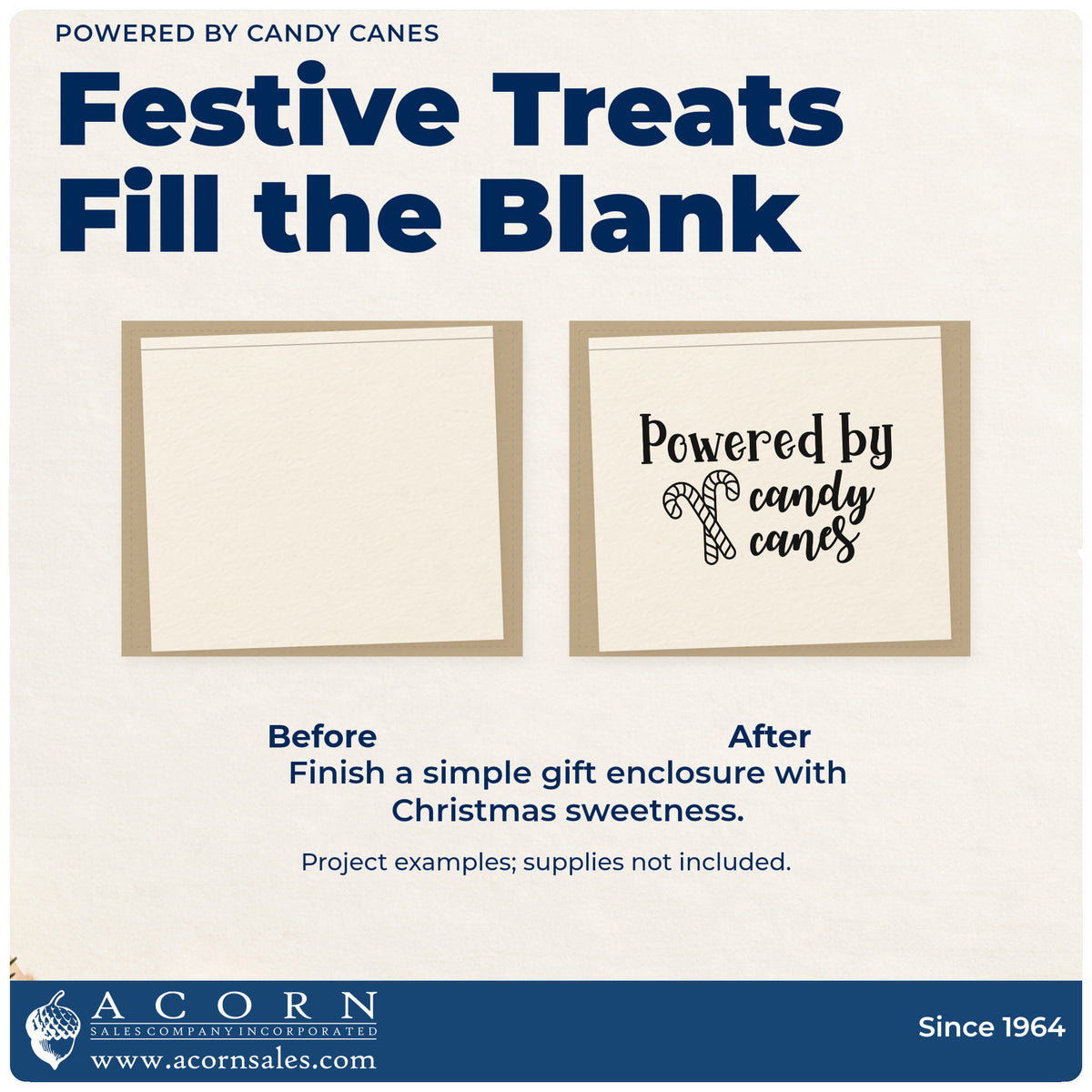 Before and after of a plain item finished with the Powered By Candy Canes Slim Pre-Inked Stamp, a quick upgrade for framed sweet shop wall.