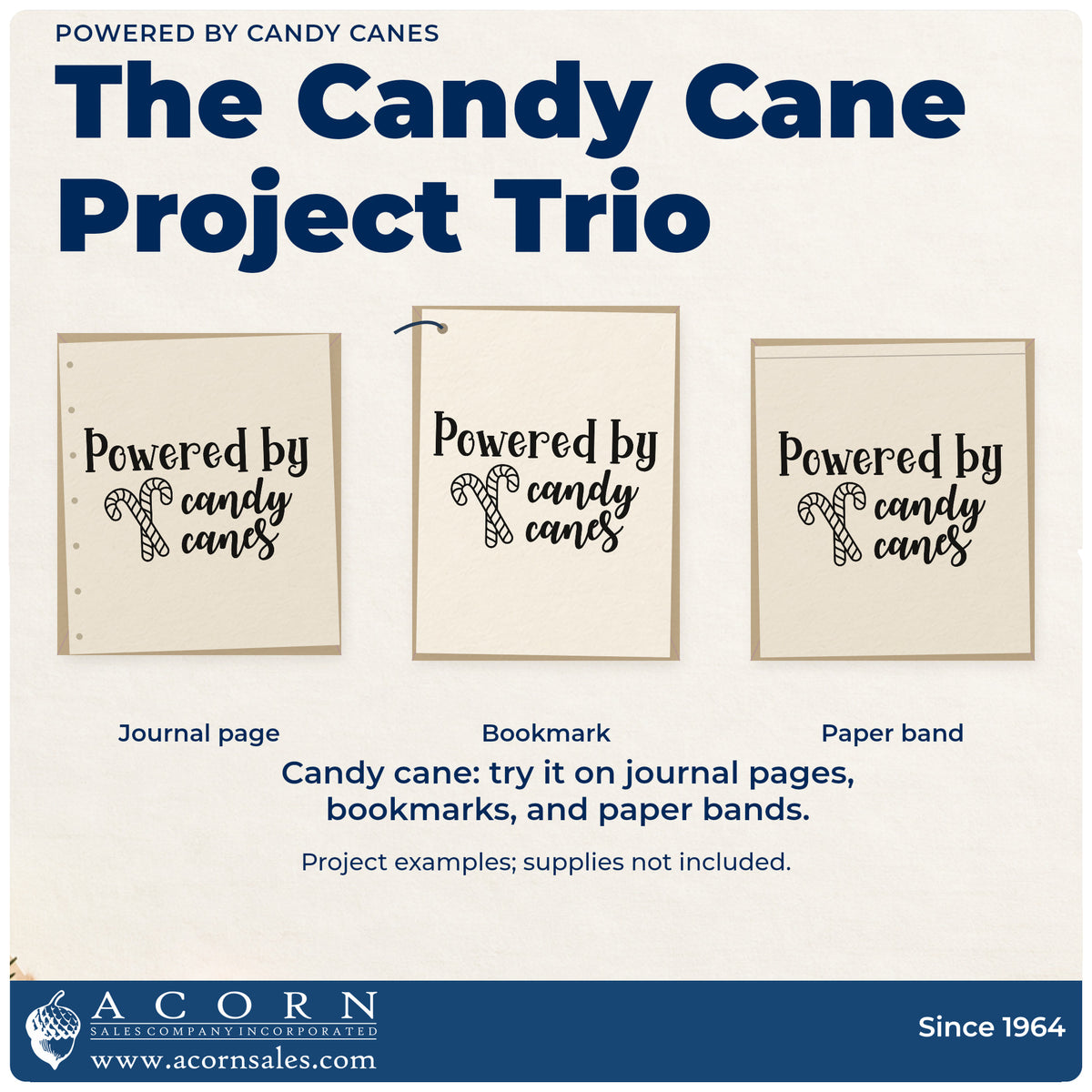 Three project examples made with the Wood Handle Powered By Candy Canes Rubber Stamp, including sugar work log sheet.