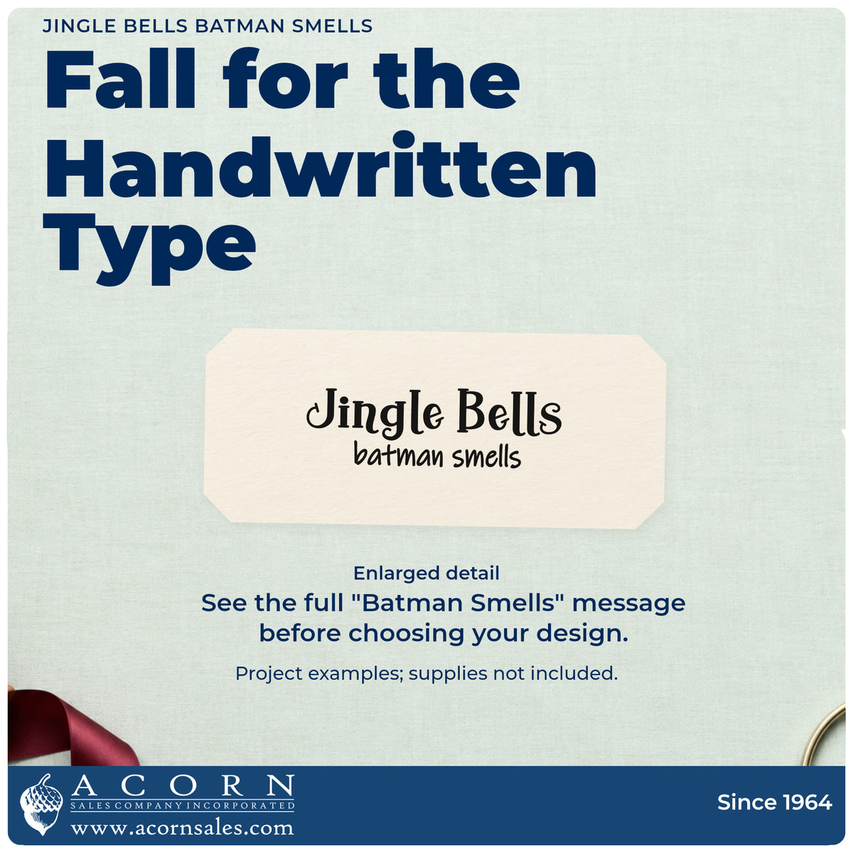 Enlarged detail of the Vintage Pro Jingle Bells Batman Smells Premium Wooden Stamp imprint. “Jingle Bells” sits above smaller handwritten “Batman Smells.”