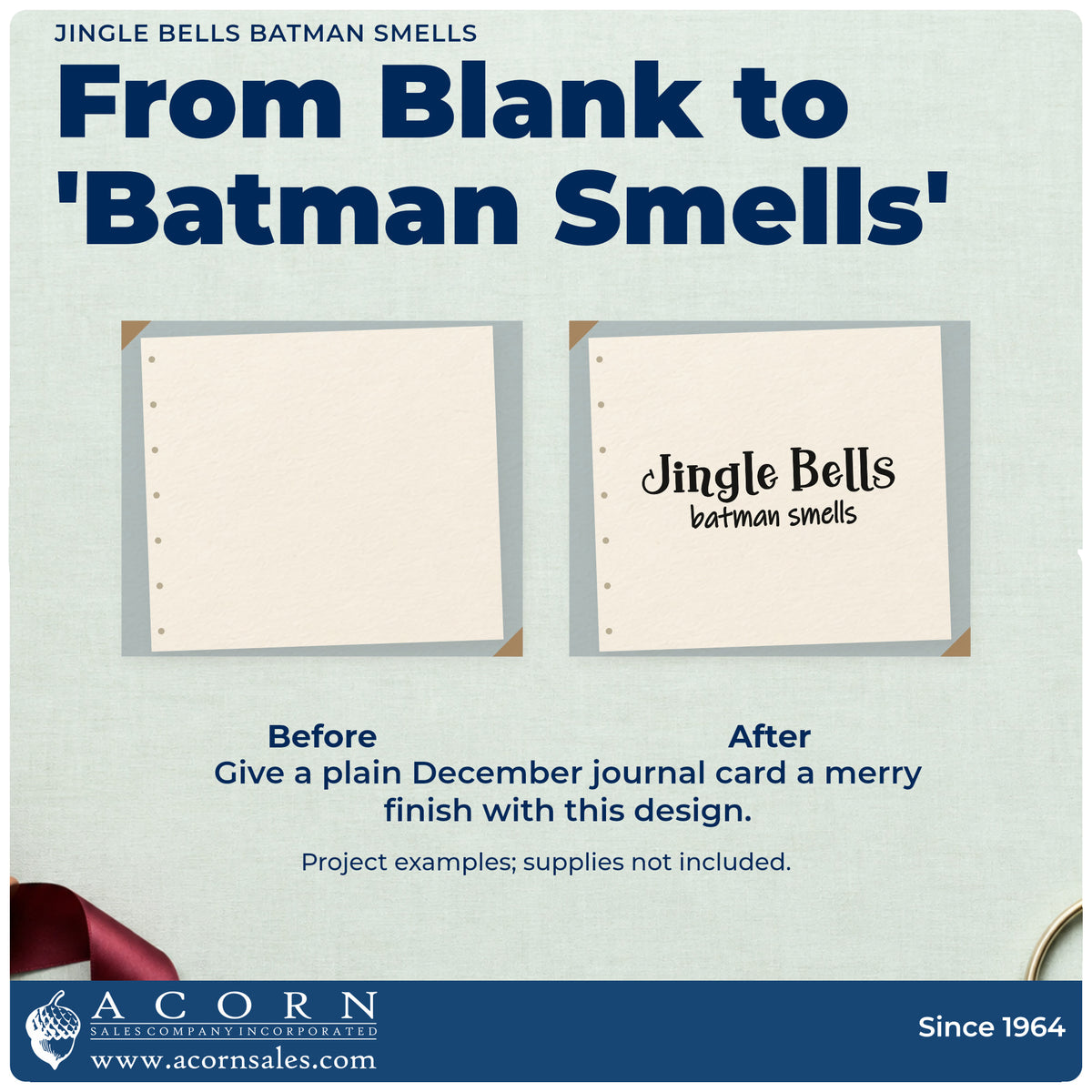 Before and after of a plain item finished with the Vintage Pro Jingle Bells Batman Smells Premium Wooden Stamp, a quick upgrade for framed bunk bed rail.