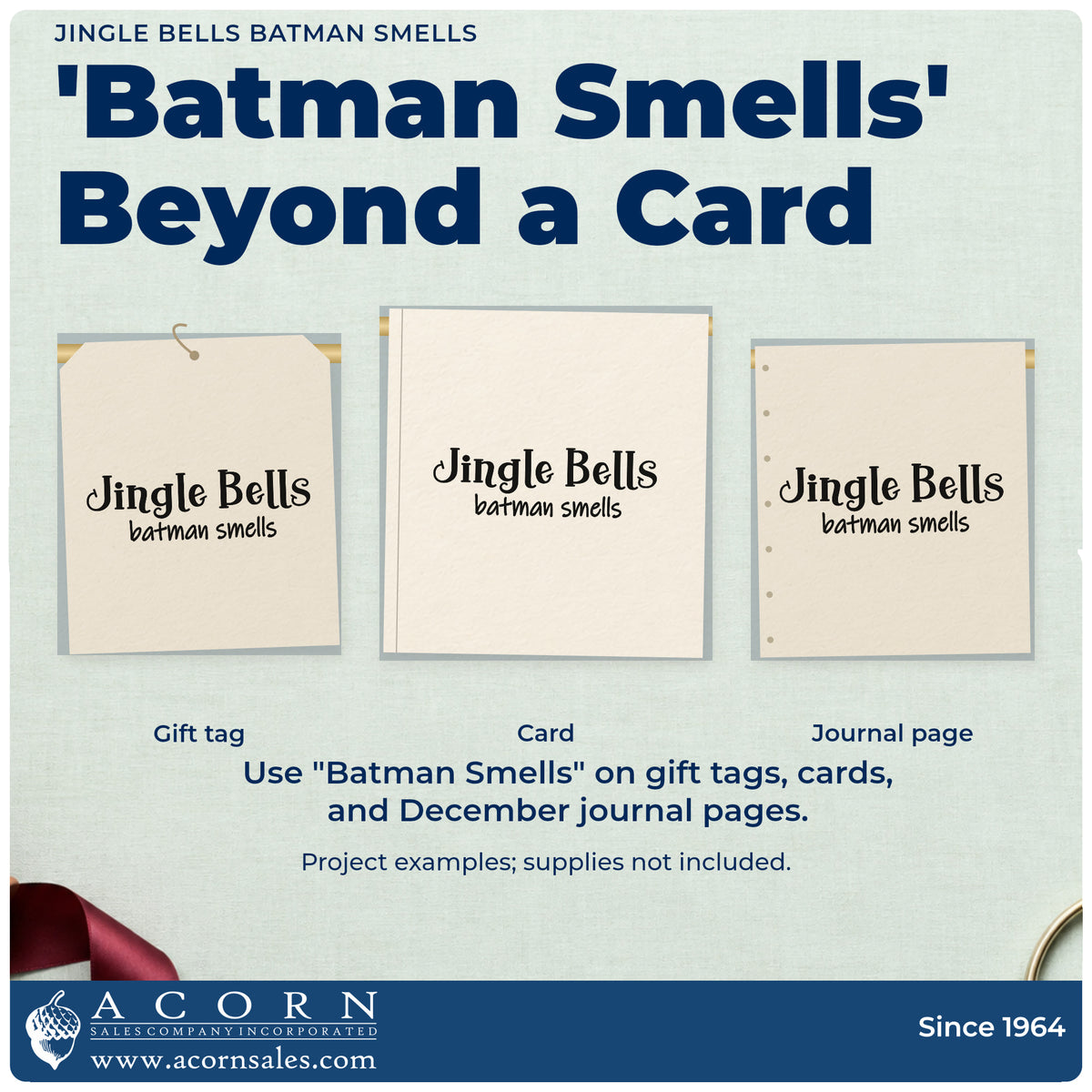 Three project examples made with the Jingle Bells Batman Smells Rubber Stamp – Duo Hand, including joke collection sheet.