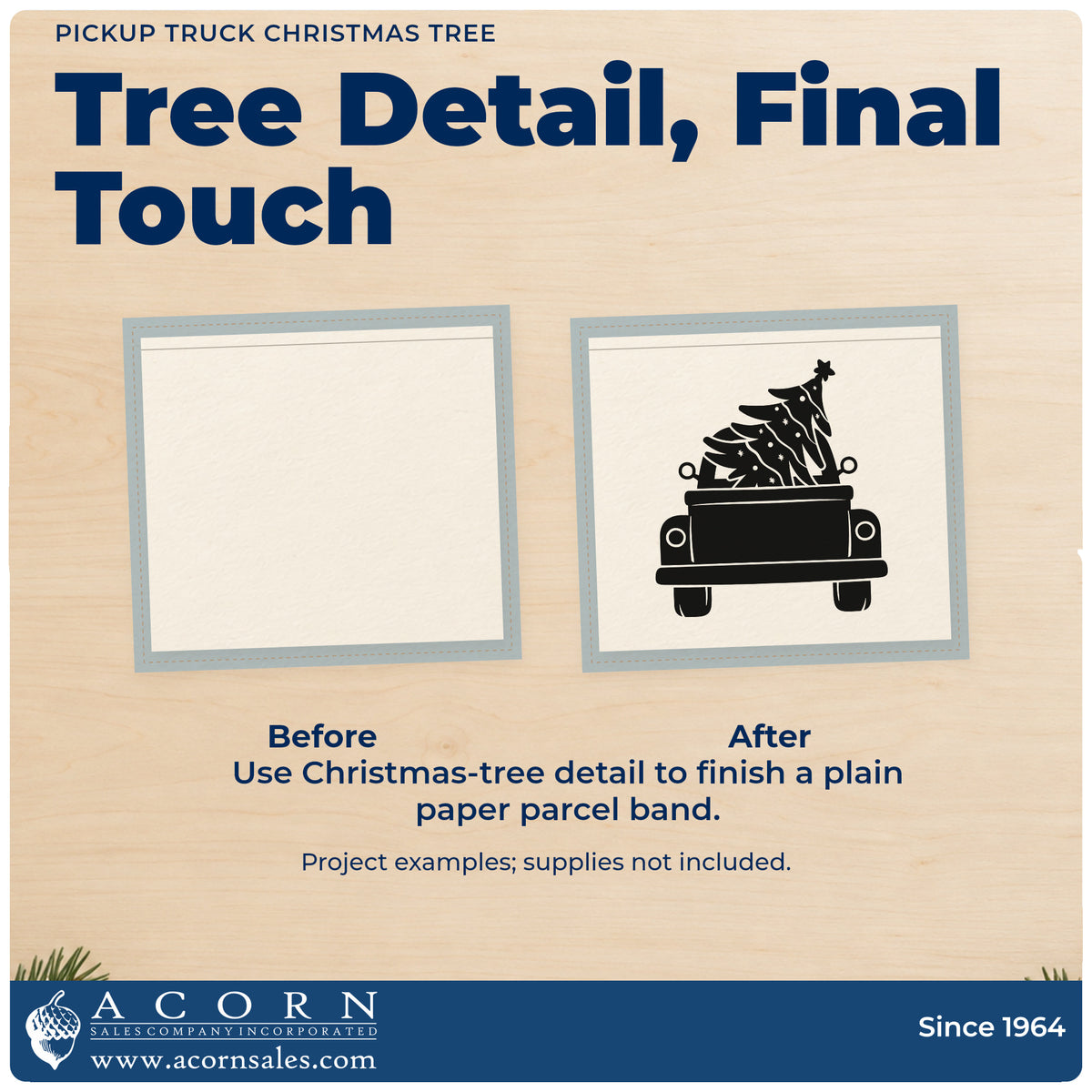 Before and after of a plain item finished with the Pickup Truck Christmas Tree With Stars Premium Wooden Stamp – Vintage Pro, a quick upgrade for framed farmhouse wall.