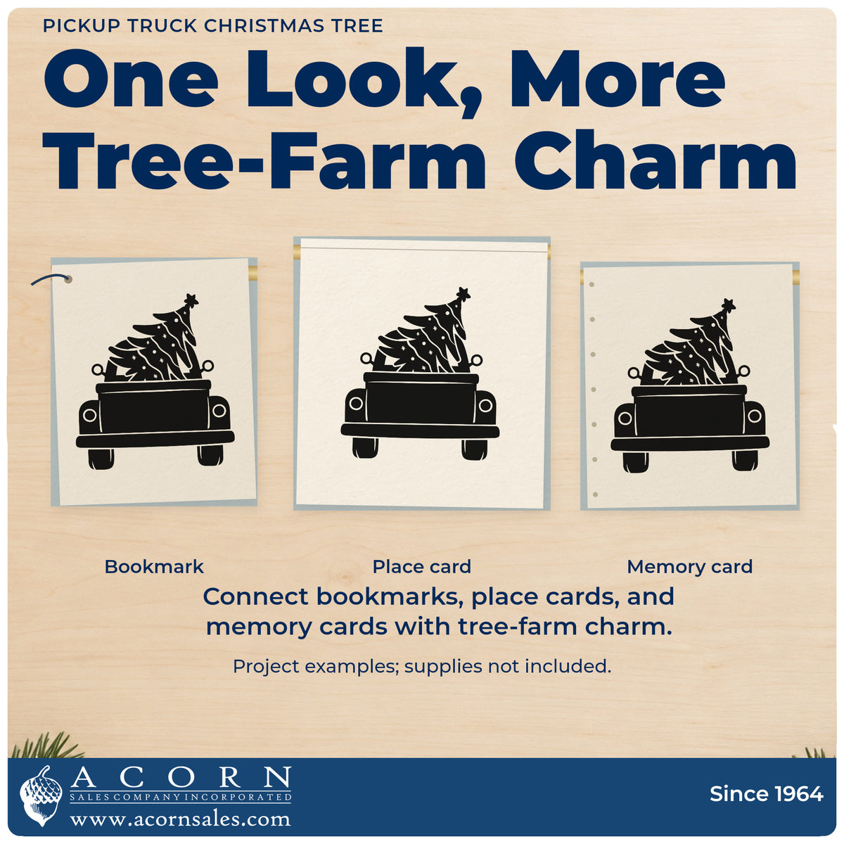 Three project examples made with the Pickup Truck Christmas Tree With Stars Rubber Stamp – Wood Handle, including delivery route sheet.
