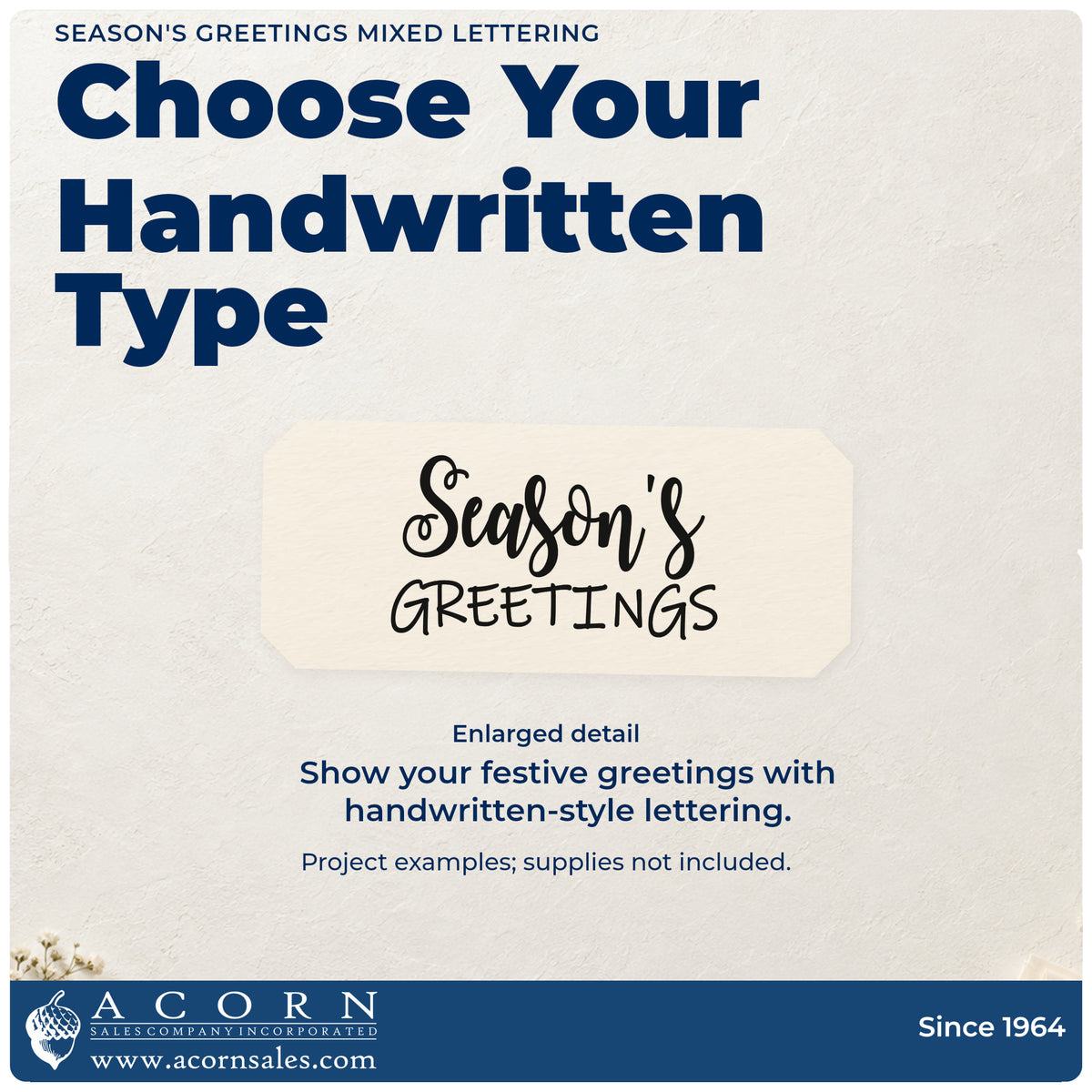 Enlarged detail of the Season's Greetings Mixed Lettering PSI Pre-Inked Stamp imprint. Script “Season's” sits above thin handwritten capitals “Greetings.”