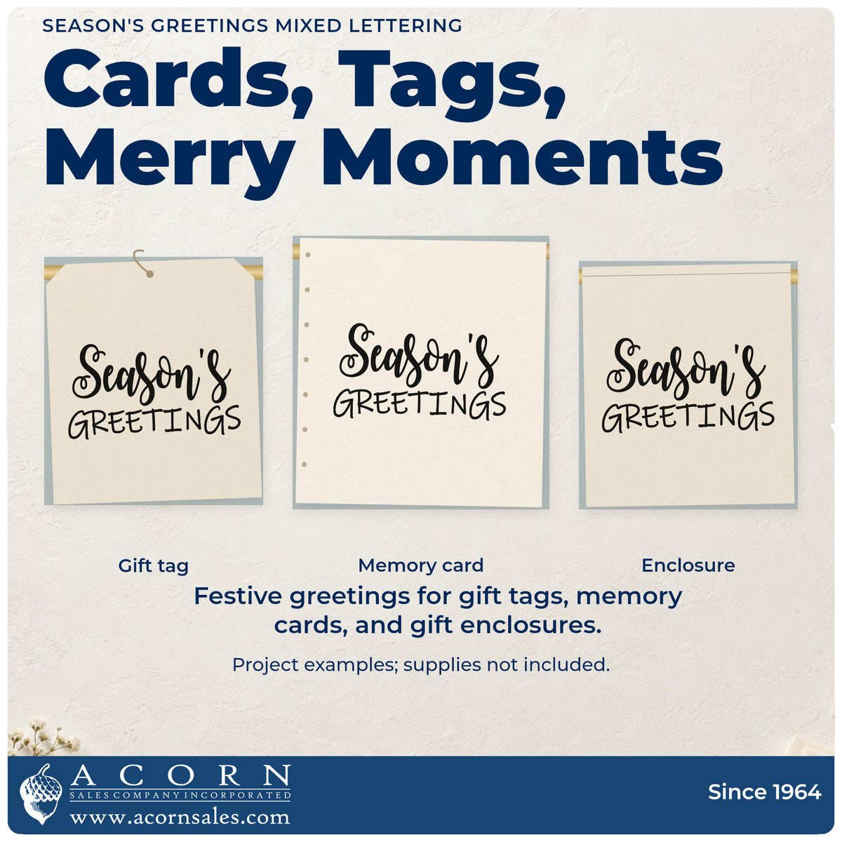 Three project examples made with the Season's Greetings Mixed Lettering Premium Wooden Stamp – Vintage Pro, including reservation log sheet.