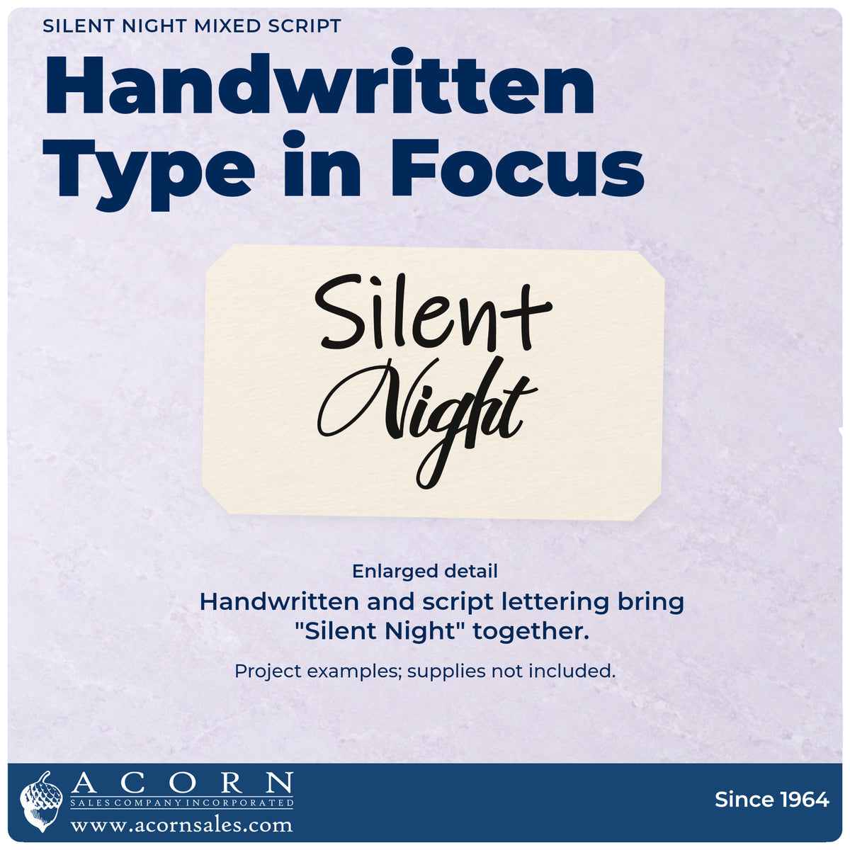 Enlarged detail of the Silent Night Mixed Script Lettering Rubber Stamp – Wood Handle imprint. Handwritten “Silent” sits above large flowing script “Night.”