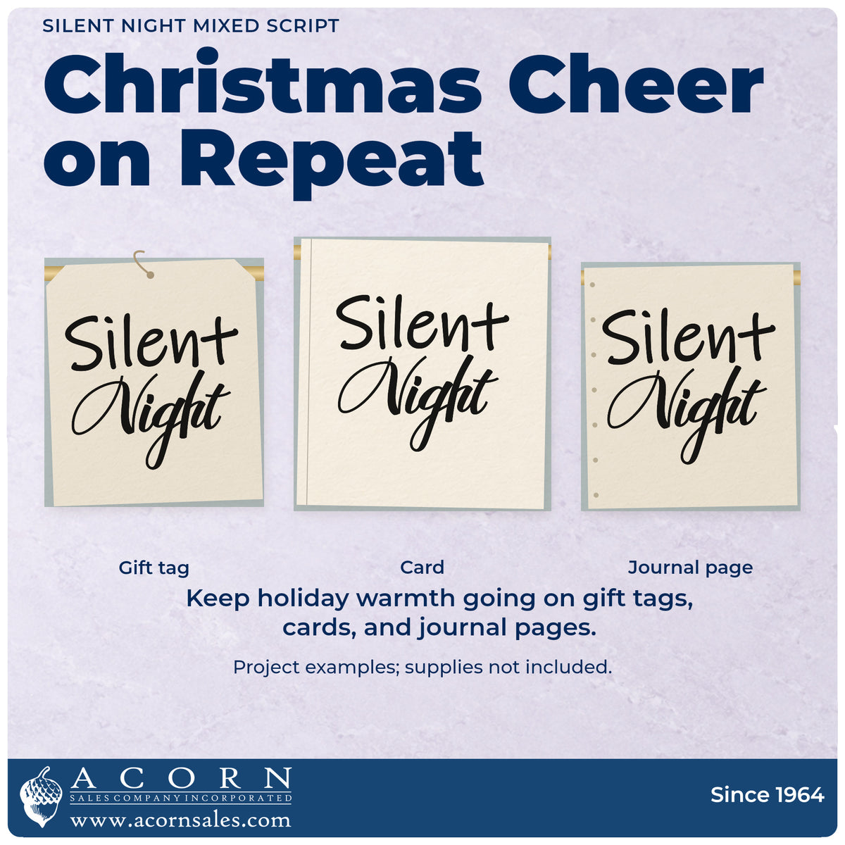 Three project examples made with the Silent Night Mixed Script Lettering Slim Pre-Inked Stamp, including sleep log sheet.