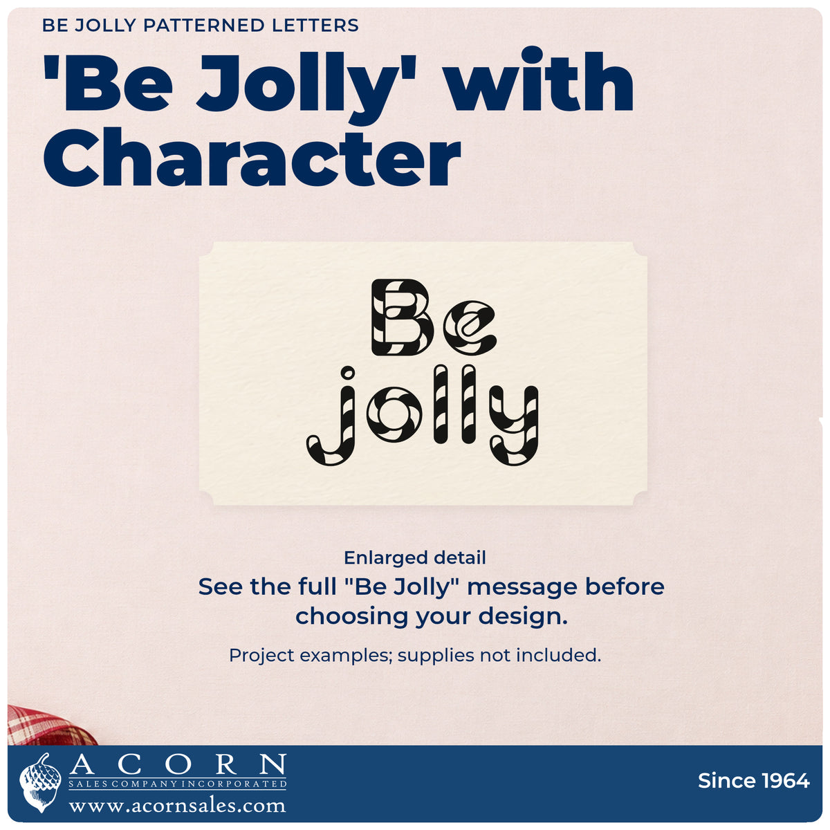 Enlarged detail of the Be Jolly Patterned Letters Premium Wood-Mounted Stamp – Vintage Pro imprint. “Be Jolly” appears in rounded letters filled with curved striped patterns.