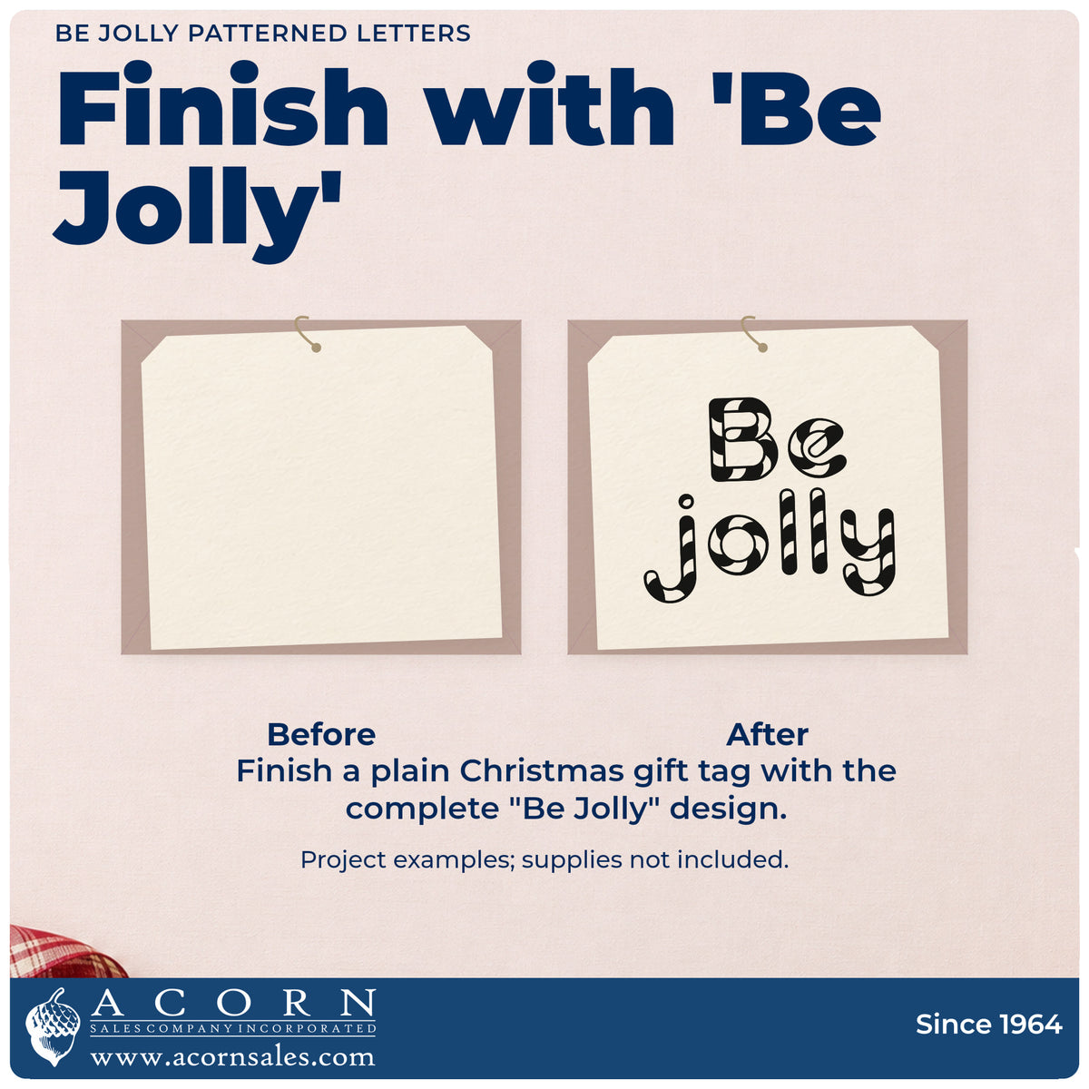 Before and after of a plain item finished with the Be Jolly Patterned Letters Premium Wood-Mounted Stamp – Vintage Pro, a quick upgrade for framed counter back.