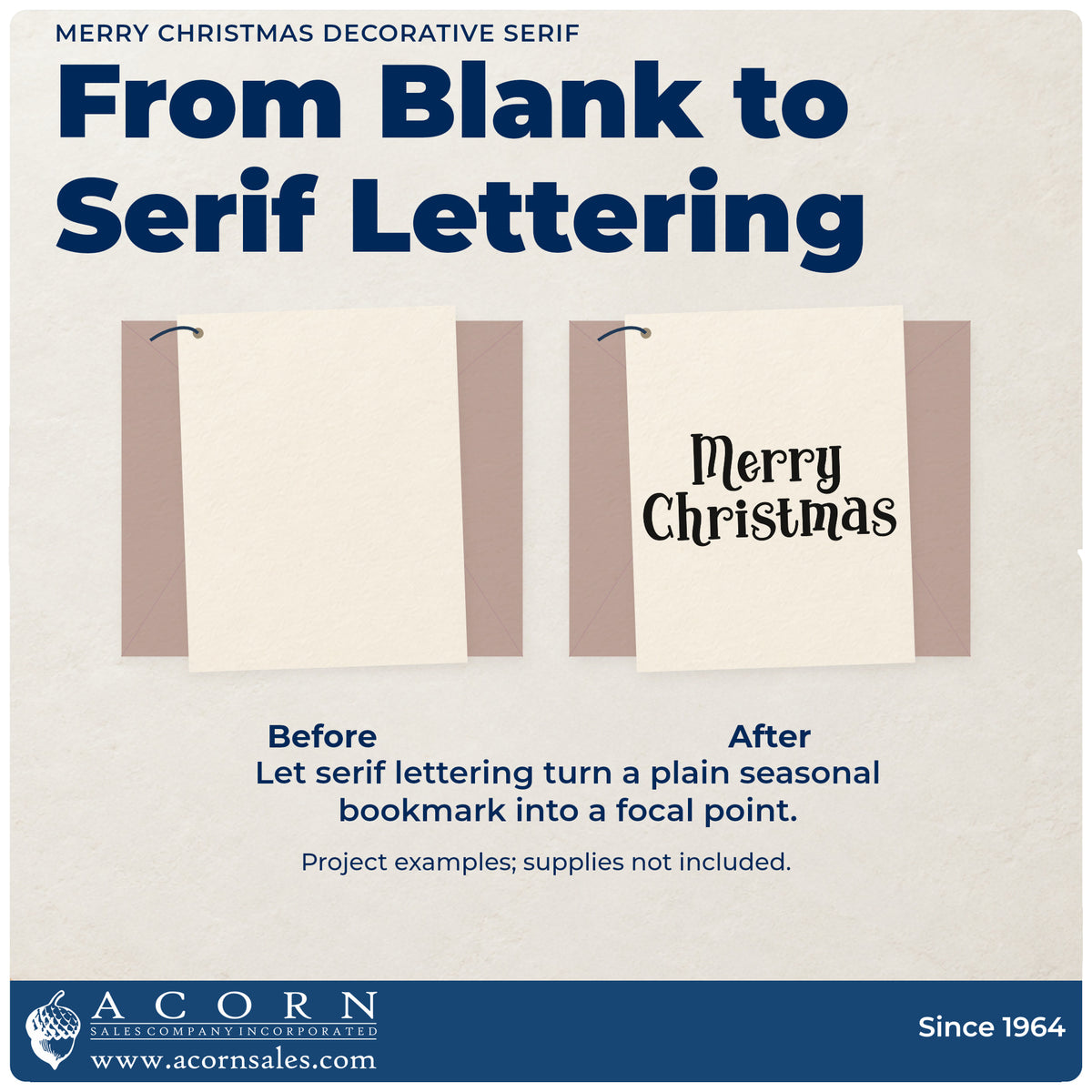 Before and after of a plain item finished with the Merry Christmas Serif Lettering PSI Pre-Inked Stamp, a quick upgrade for framed library shelf.