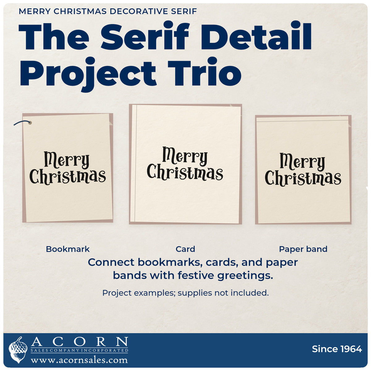 Three project examples made with the Merry Christmas Serif Lettering PSI Pre-Inked Stamp, including ledger entry header.