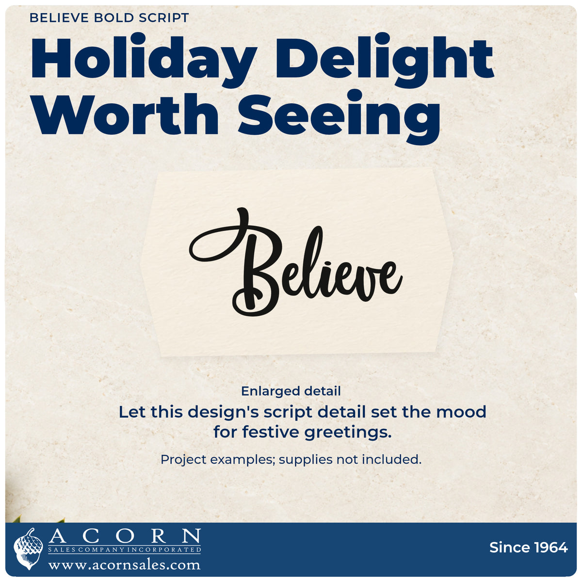 Enlarged detail of the Believe Bold Script Lettering Premium Wooden Stamp – Vintage Pro imprint. Large flowing script reads “Believe” with an exaggerated looping capital B.