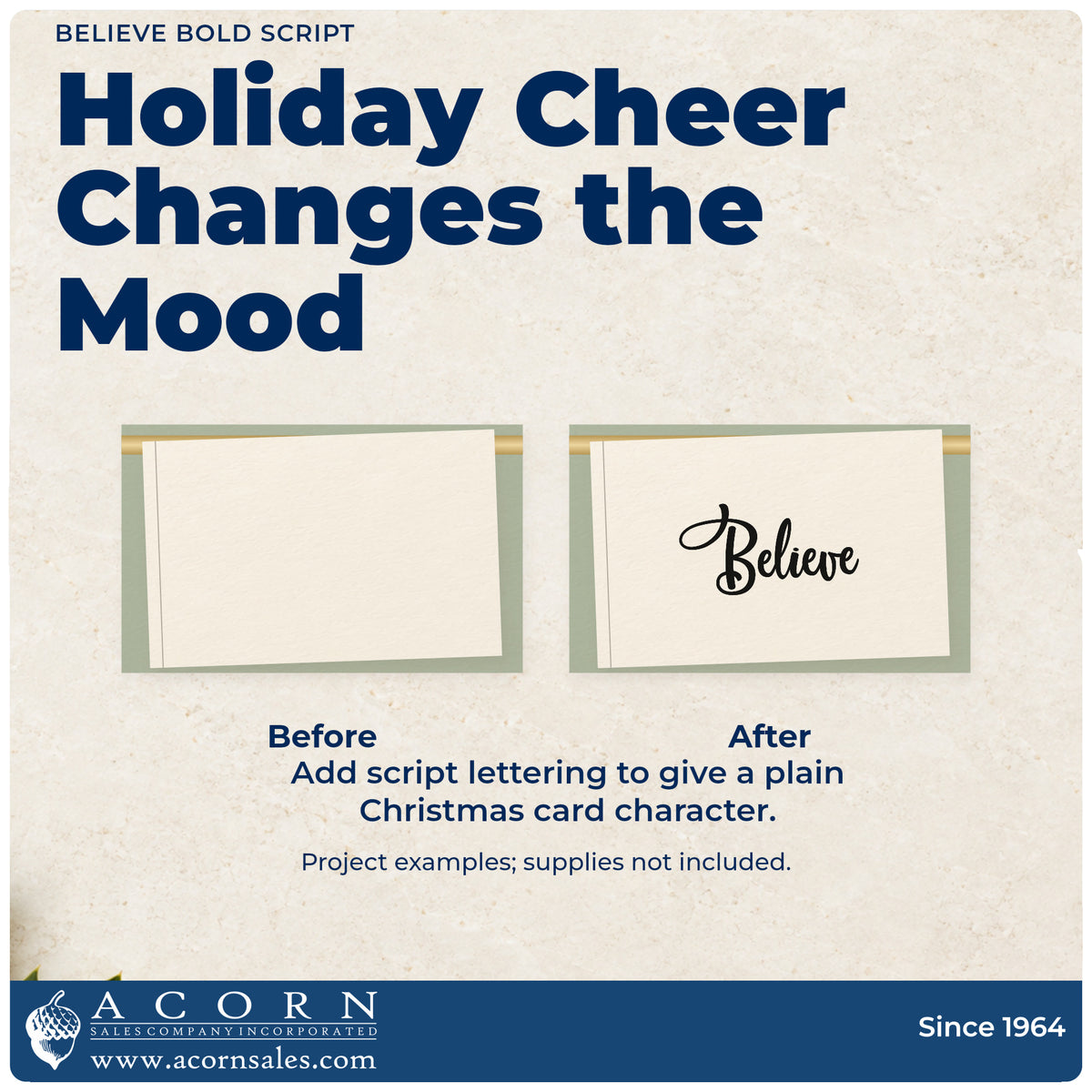 Before and after of a plain item finished with the Believe Bold Script Lettering Premium Wooden Stamp – Vintage Pro, a quick upgrade for framed letter print.