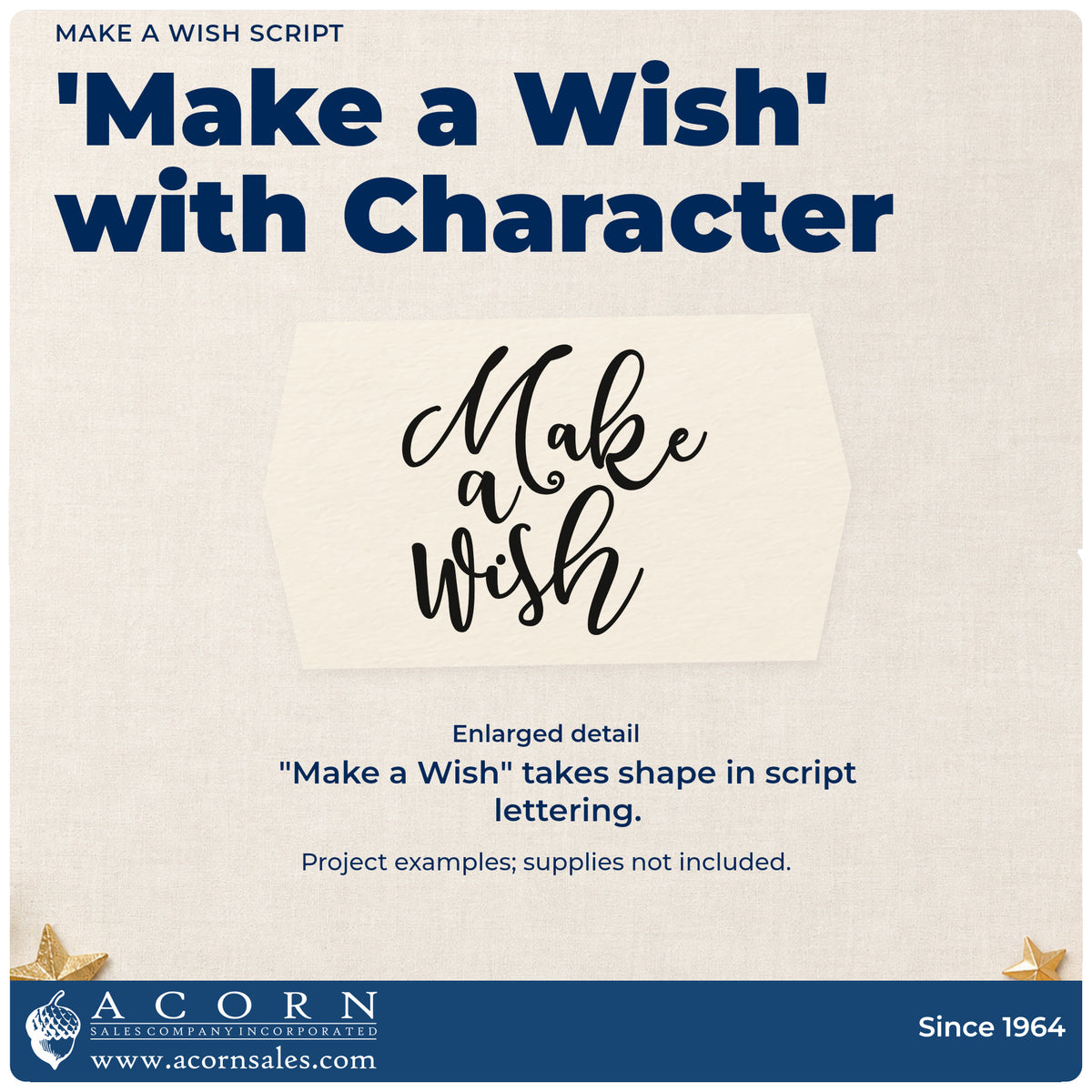 Enlarged detail of the Make A Wish Sweeping Script Slim Pre-Inked Stamp imprint. “Make a Wish” appears in large sweeping script.
