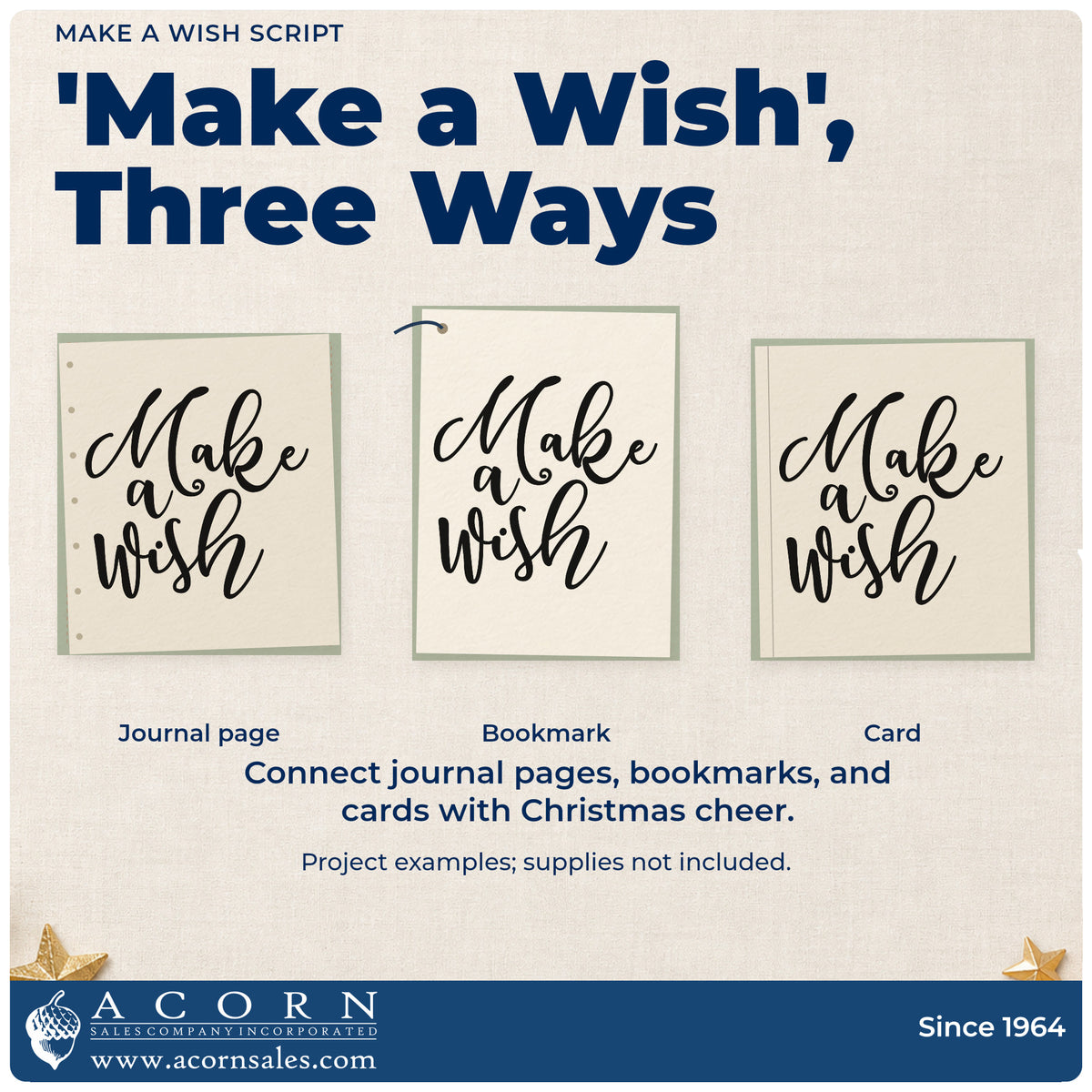 Three project examples made with the Make A Wish Sweeping Script Slim Pre-Inked Stamp, including wish list notepad.