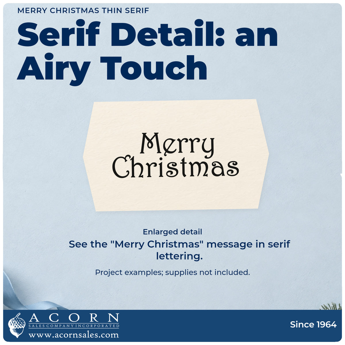 Enlarged detail of the Merry Christmas Thin Serif Lettering Rubber Stamp – Wood Handle imprint. “Merry Christmas” appears in two rows of thin decorative serif lettering.