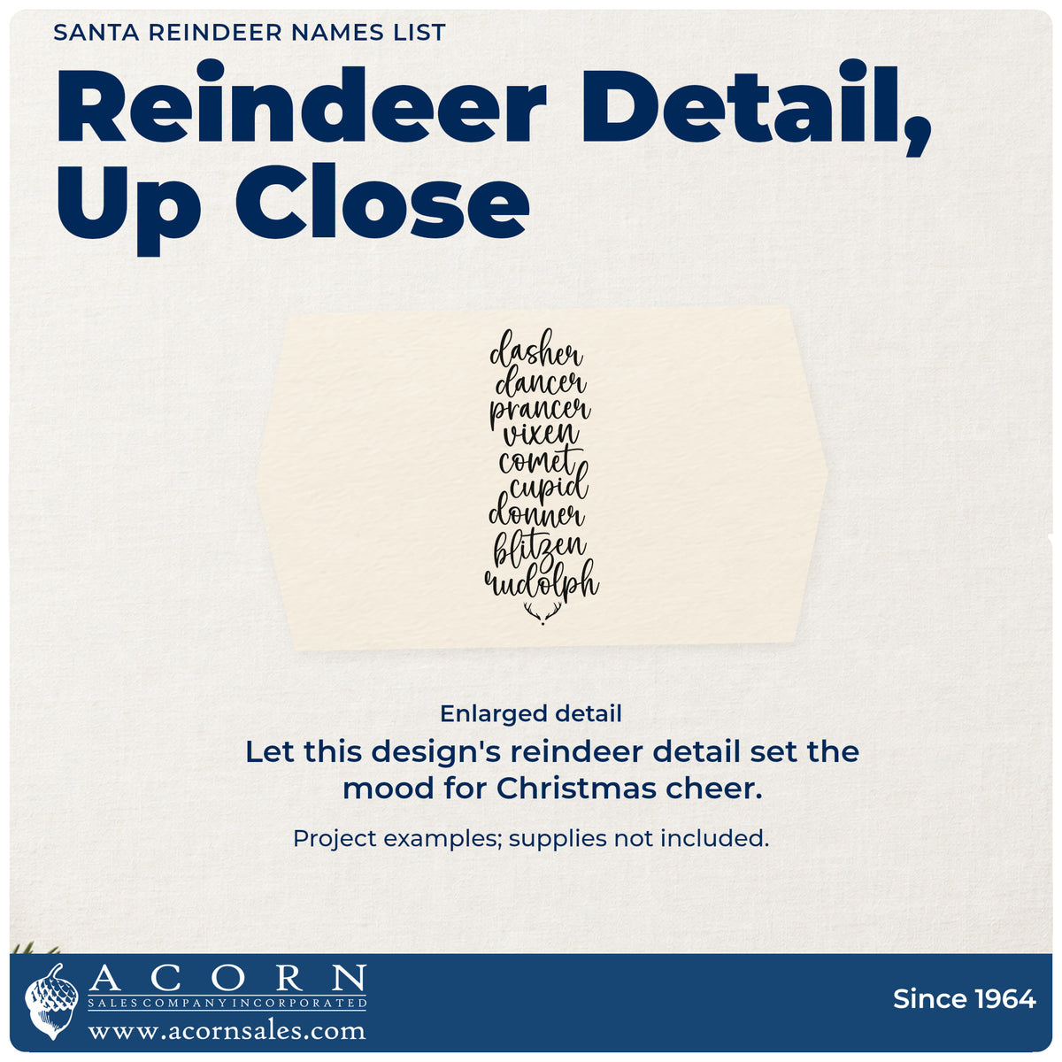 Enlarged detail of the Santa Reindeer Names List Stamp – Wood Handle imprint. A narrow script list names Dasher, Dancer, Prancer, Vixen, Comet, Cupid, Donner, Blitzen, and Rudolph above tiny antlers.