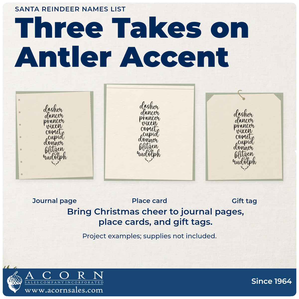 Three project examples made with the Santa Reindeer Names List Stamp – Wood Handle, including class roll sheet.
