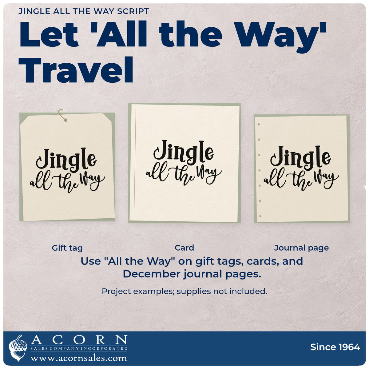 Three project examples made with the Jingle All The Way Script Lettering Rubber Stamp – Wood Handle, including supply count sheet.