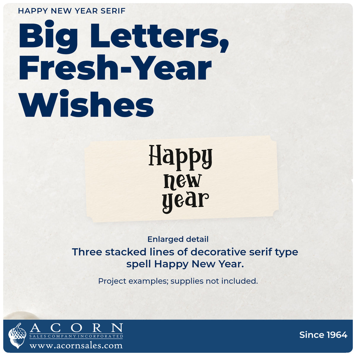 Enlarged detail of the Happy New Year Serif Premium Wooden Stamp – Vintage Pro imprint. Three stacked rows of bold decorative serif lettering read “Happy New Year.”
