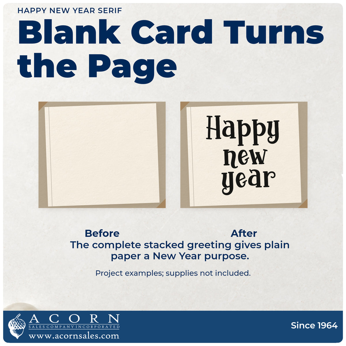 Before and after of a plain item finished with the Happy New Year Serif Self-Inking Craft Stamp, a quick upgrade for framed office entry.
