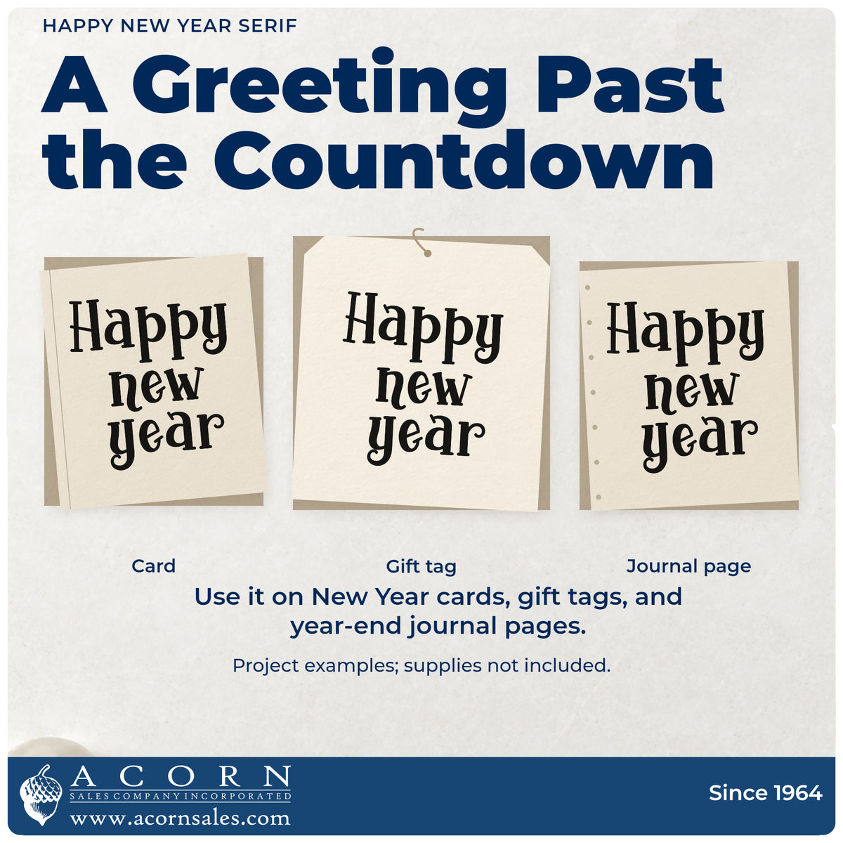 Three project examples made with the Happy New Year Serif Wood Handle Stamp, including resolution grid sheet.
