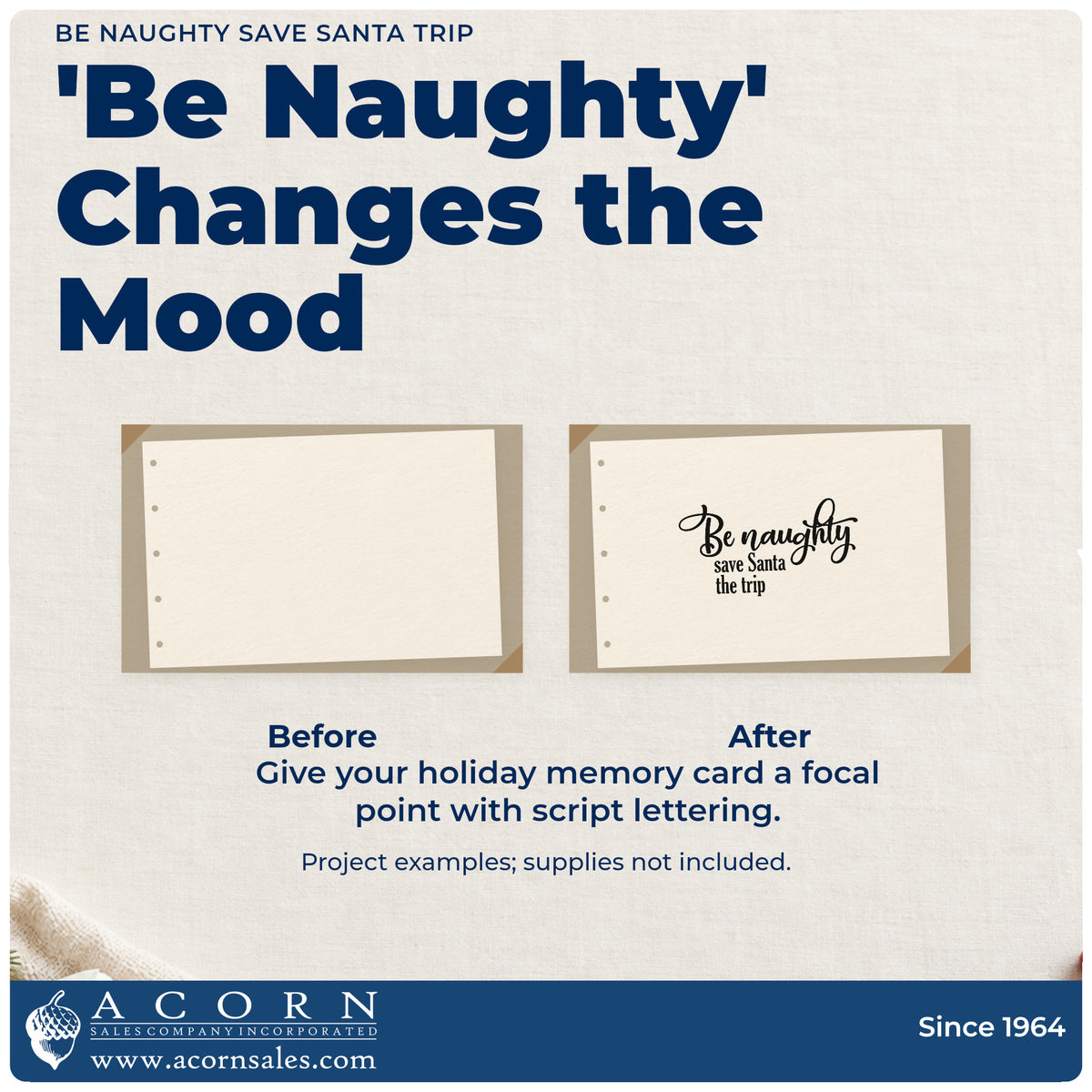 Before and after of a plain item finished with the Be Naughty Save Santa Trip Script Lettering Wood-Mounted Rubber Stamp, a quick upgrade for framed powder shelf.