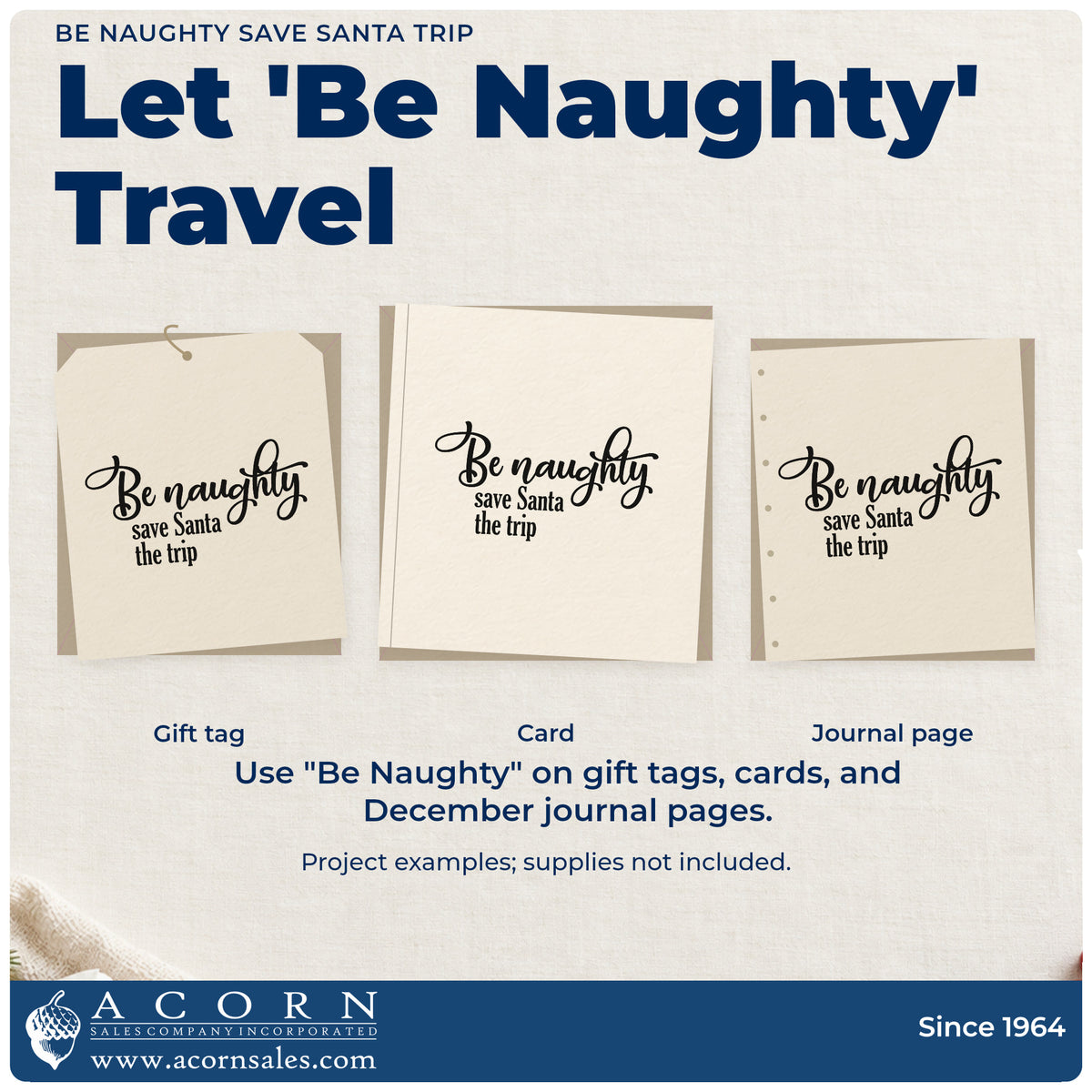 Three project examples made with the Be Naughty Save Santa Trip Script Lettering Hand Stamp – Duo, including bar tab tally sheet.