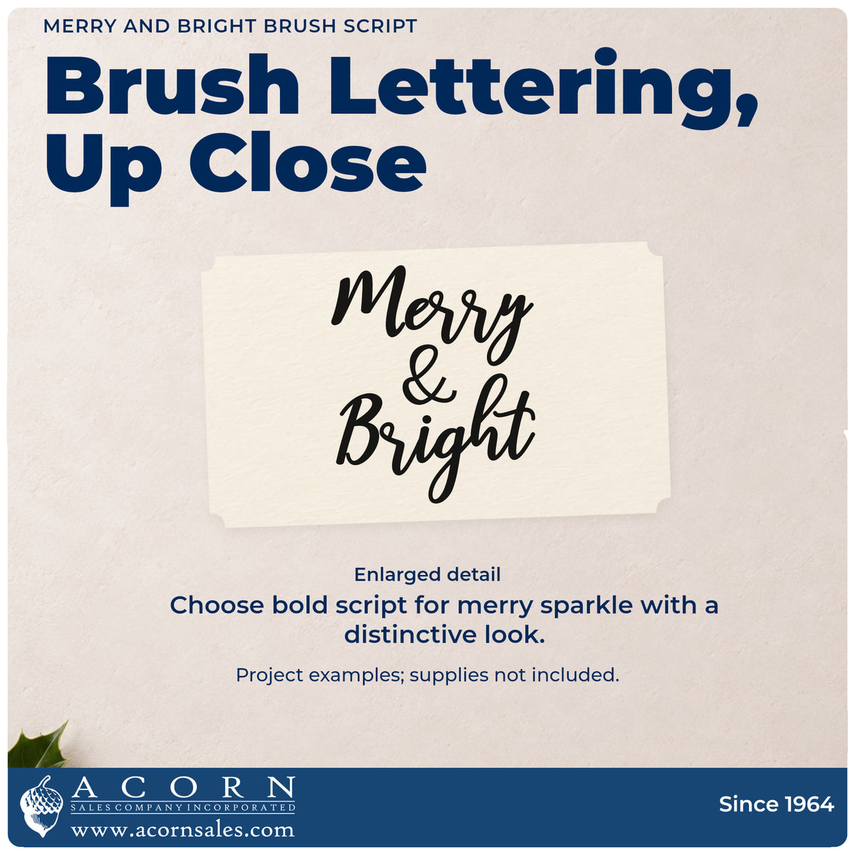 Enlarged detail of the Self-Inking Merry And Bright Brush Script Stamp imprint. Three stacked rows of bold brush script read “Merry & Bright.”