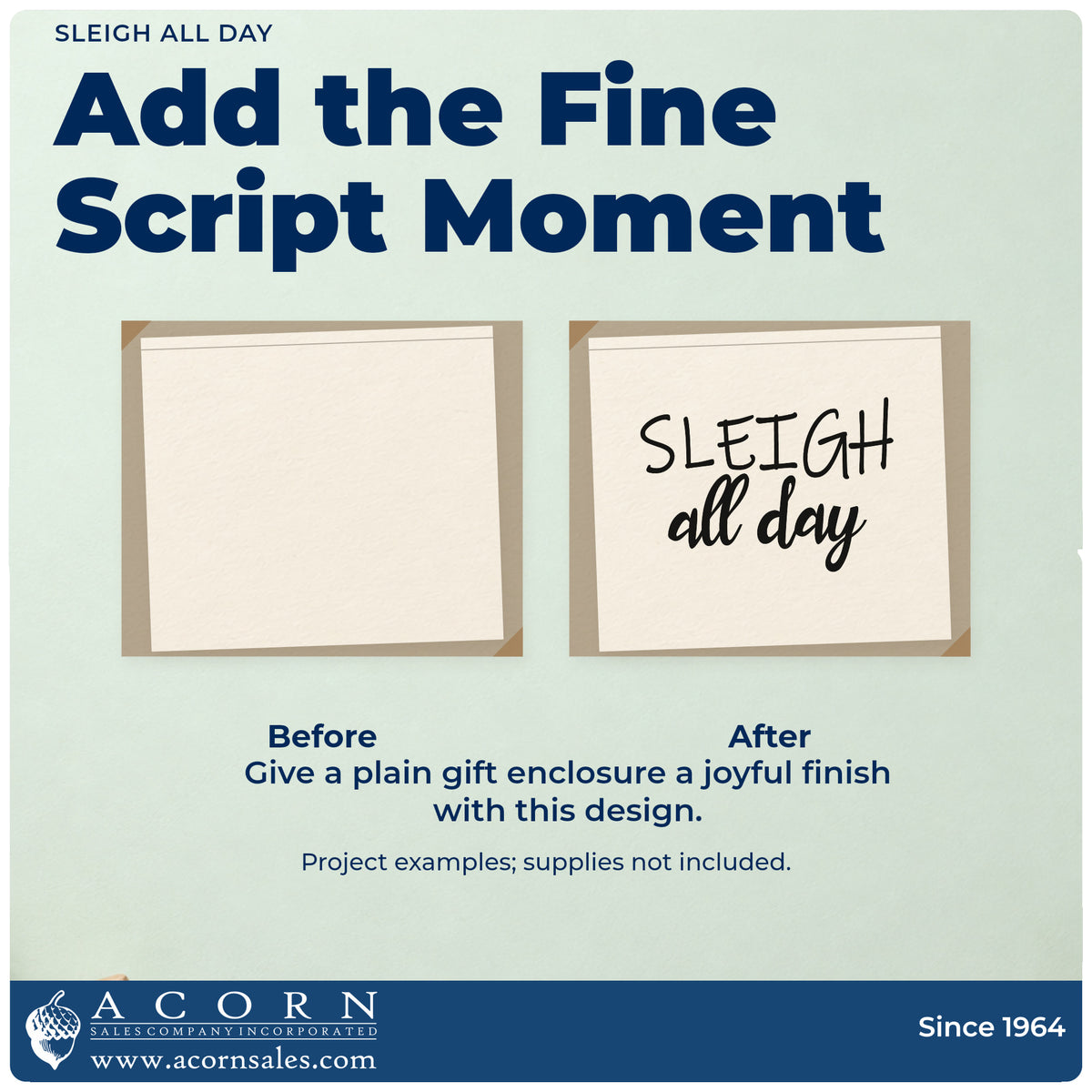 Before and after of a plain item finished with the Sleigh All Day Script Lettering Premium Wooden Stamp – Vintage Pro, a quick upgrade for framed vanity ledge.