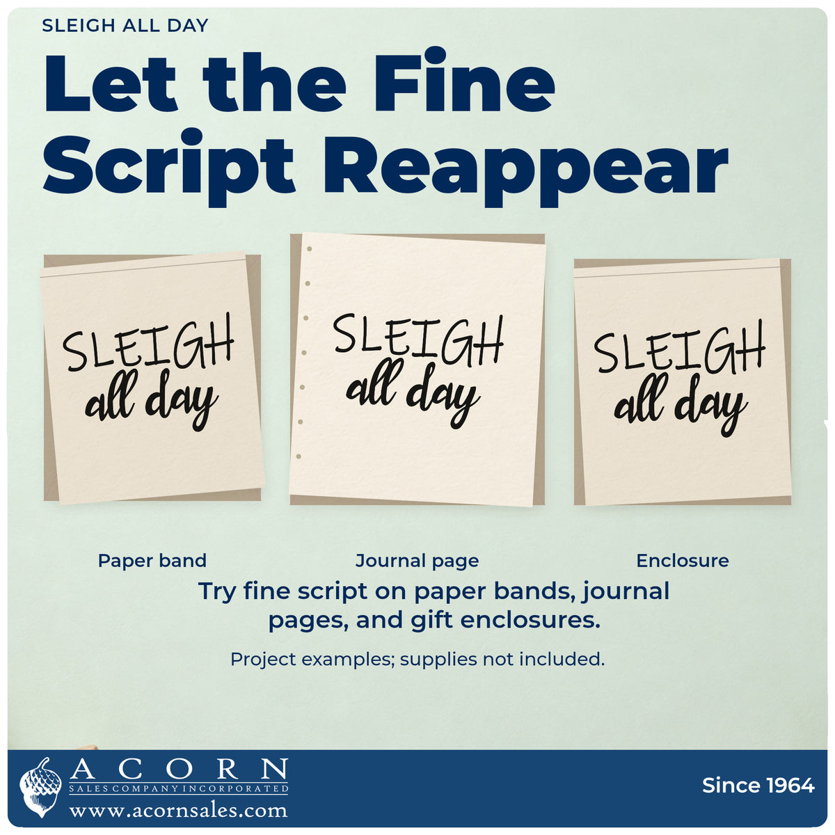 Three project examples made with the Sleigh All Day Script Lettering Premium Wooden Stamp – Vintage Pro, including task attack sheet.