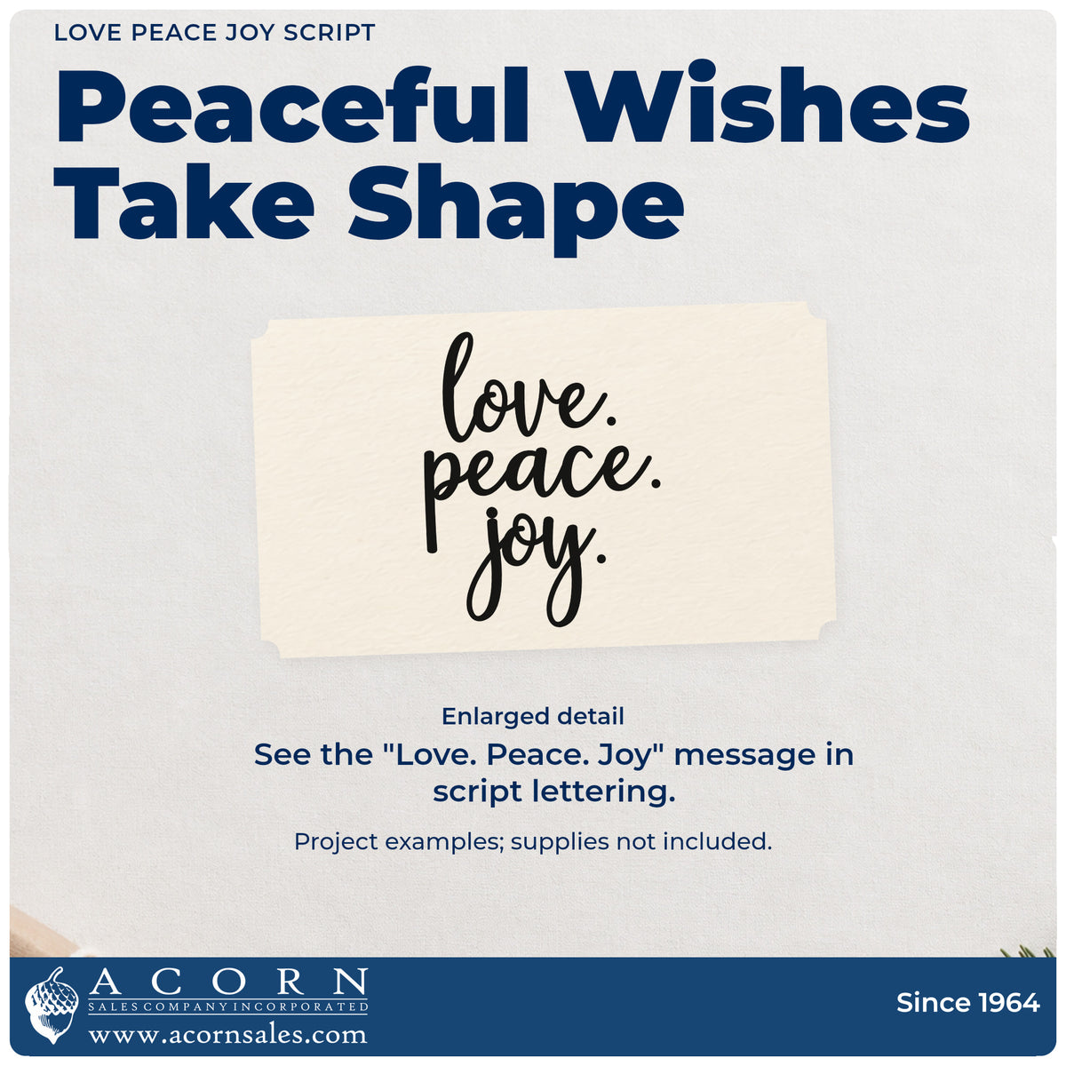 Enlarged detail of the Love Peace Joy Script Stamp – PSI Pre-Inked imprint. Three stacked script words read “Love. Peace. Joy.”