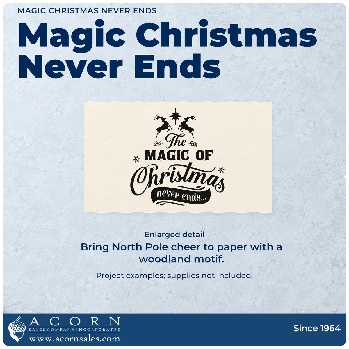 Enlarged detail of the Magic Christmas Never Ends Stamp – Premium Vintage Pro Wooden imprint. “The Magic of Christmas Never Ends...” features two leaping reindeer, a star, snowflakes, sprigs, and a dark banner.