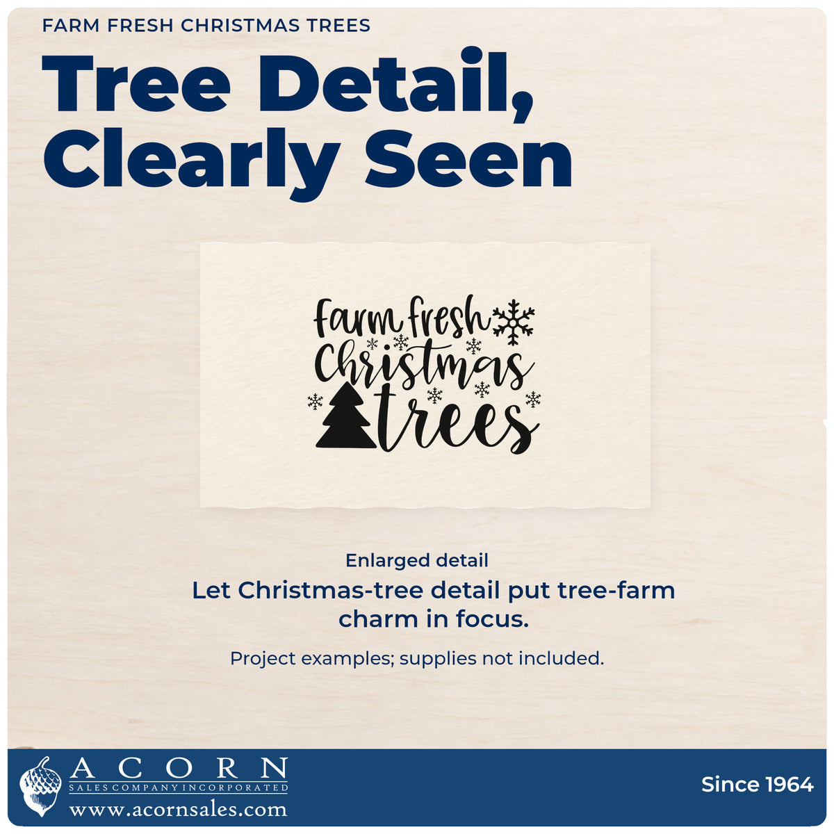 Enlarged detail of the Farm Fresh Christmas Trees Premium Wood-Mounted Stamp – Vintage Pro imprint. “Farm Fresh Christmas Trees” features a pine silhouette, snowflakes, and small stars.
