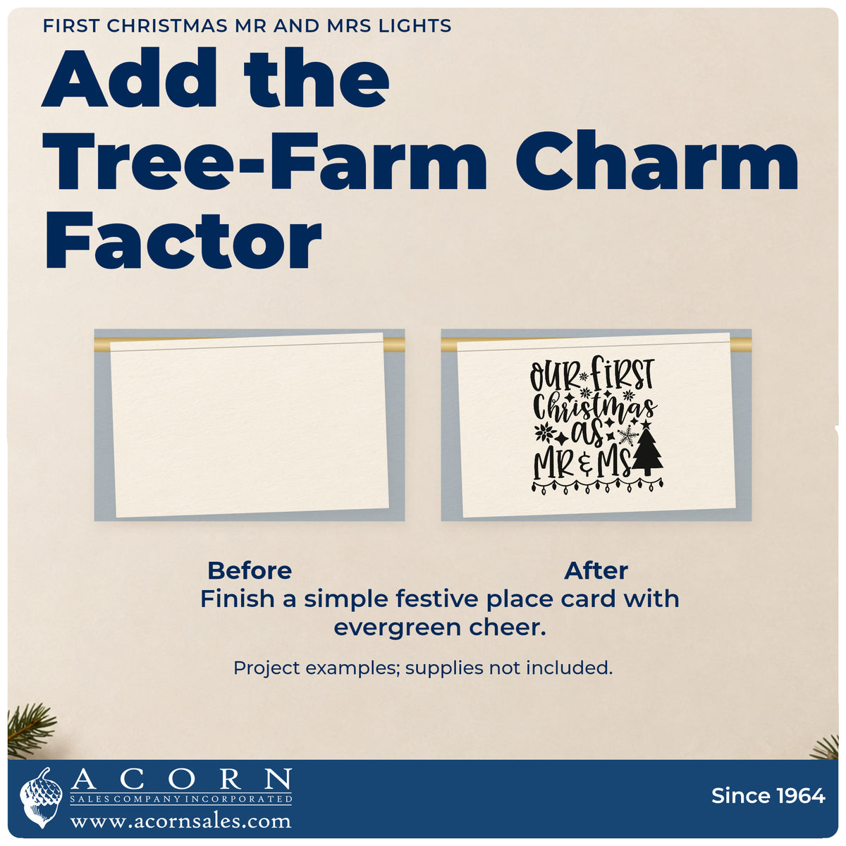 Before and after of a plain item finished with the Pre-Inked First Christmas Mr And Mrs Lights Tree Motif Stamp – PSI, a quick upgrade for framed mantel pair.
