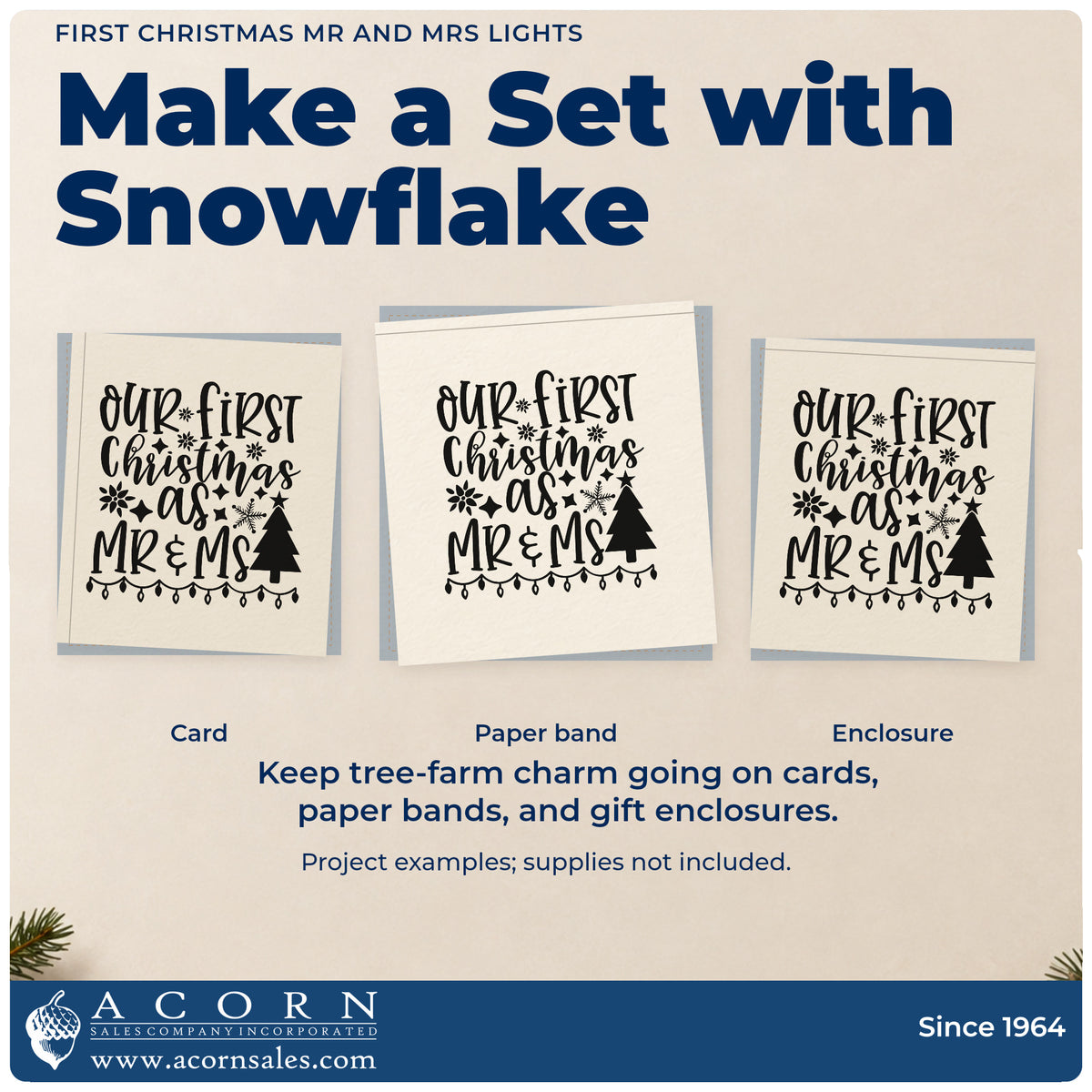 Three project examples made with the Premium Wooden First Christmas Mr And Mrs Lights Tree Motif Stamp – Vintage Pro, including card list sheet.