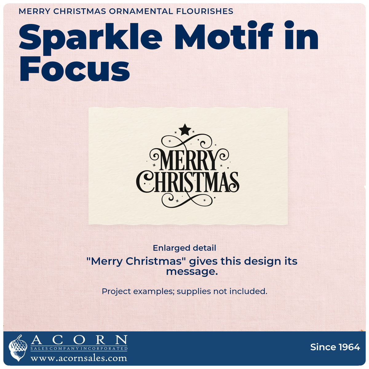 Enlarged detail of the Merry Christmas Ornamental Flourishes With Stars Duo Hand Stamp imprint. “Merry Christmas” appears in tall serif capitals with looping flourishes and a star.